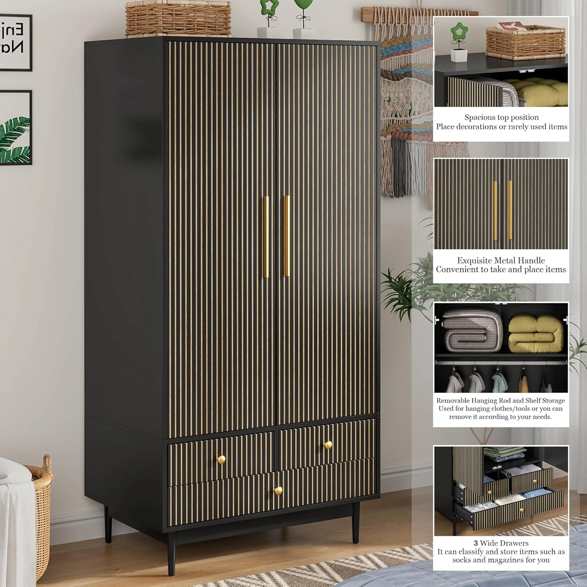 Oubayajia Wardrobe Armoire Closet, 2 Fluted Doors Wardrobe Cabinet with 3-Drawer and Hanging Rod, Wood Wardrobe Storage for Bedroom - Image 16