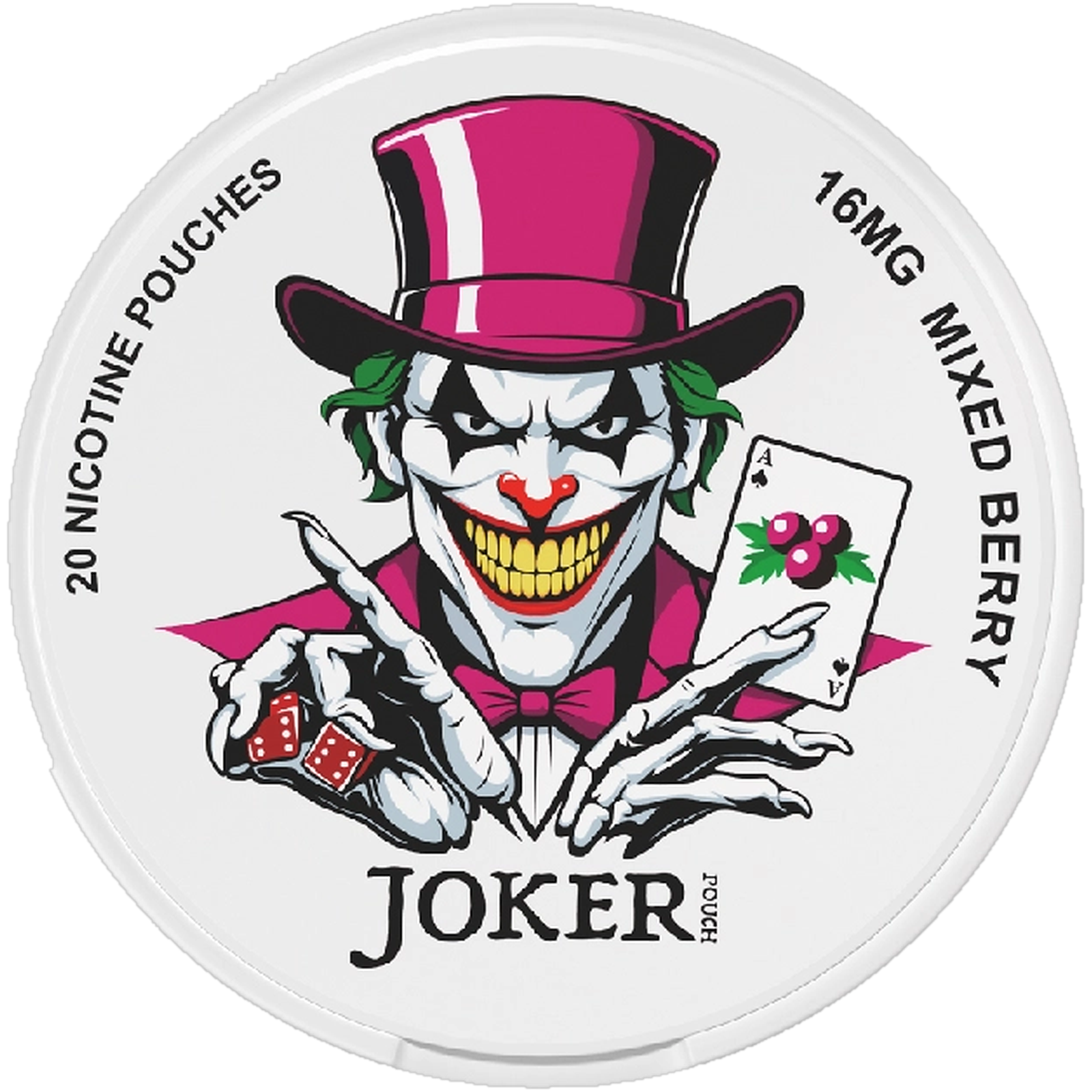Joker Mixed Berry 16mg nicotine pouches — Slim Moist Pouch can with 20 extra strong mixed berry pouches