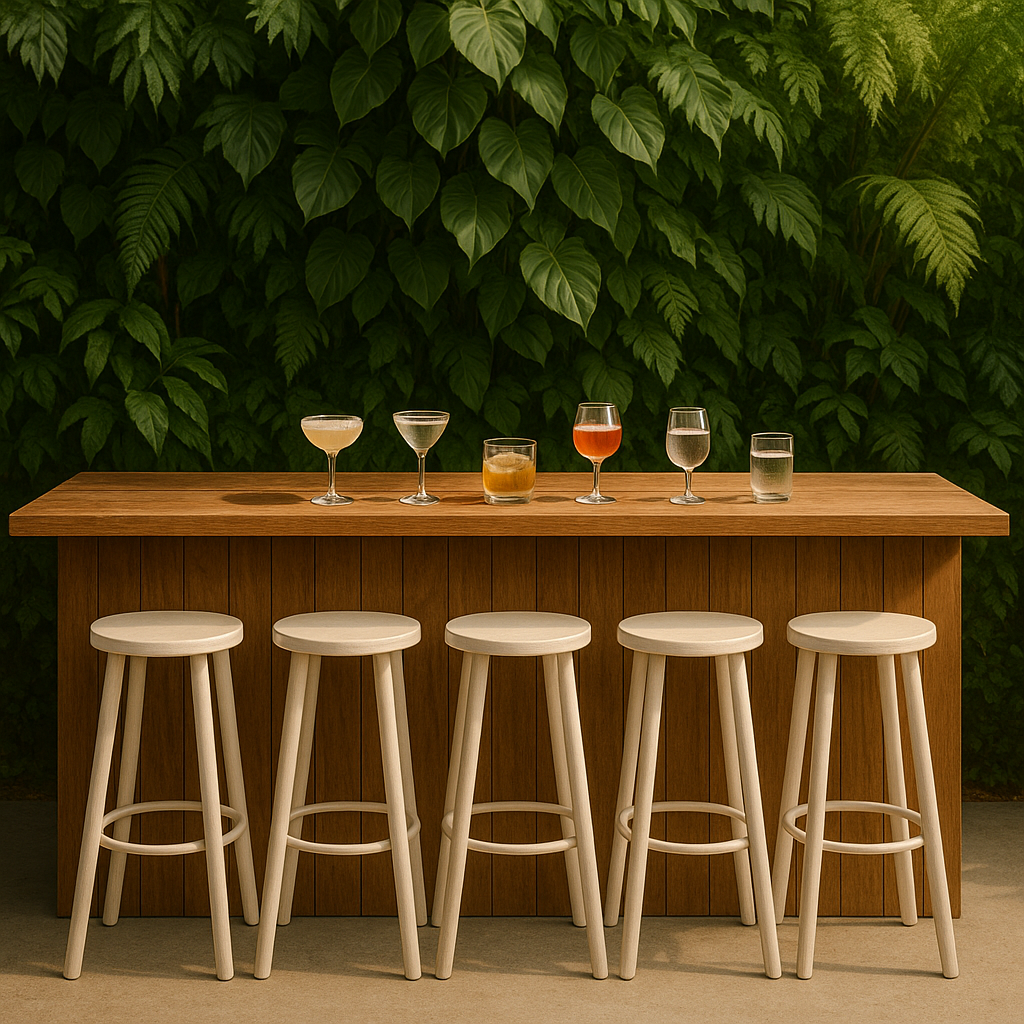 Bar de jardín mesa alta con taburetes, madera, para exterior, 120 cm largo x 55 cm ancho x 110 cm alto