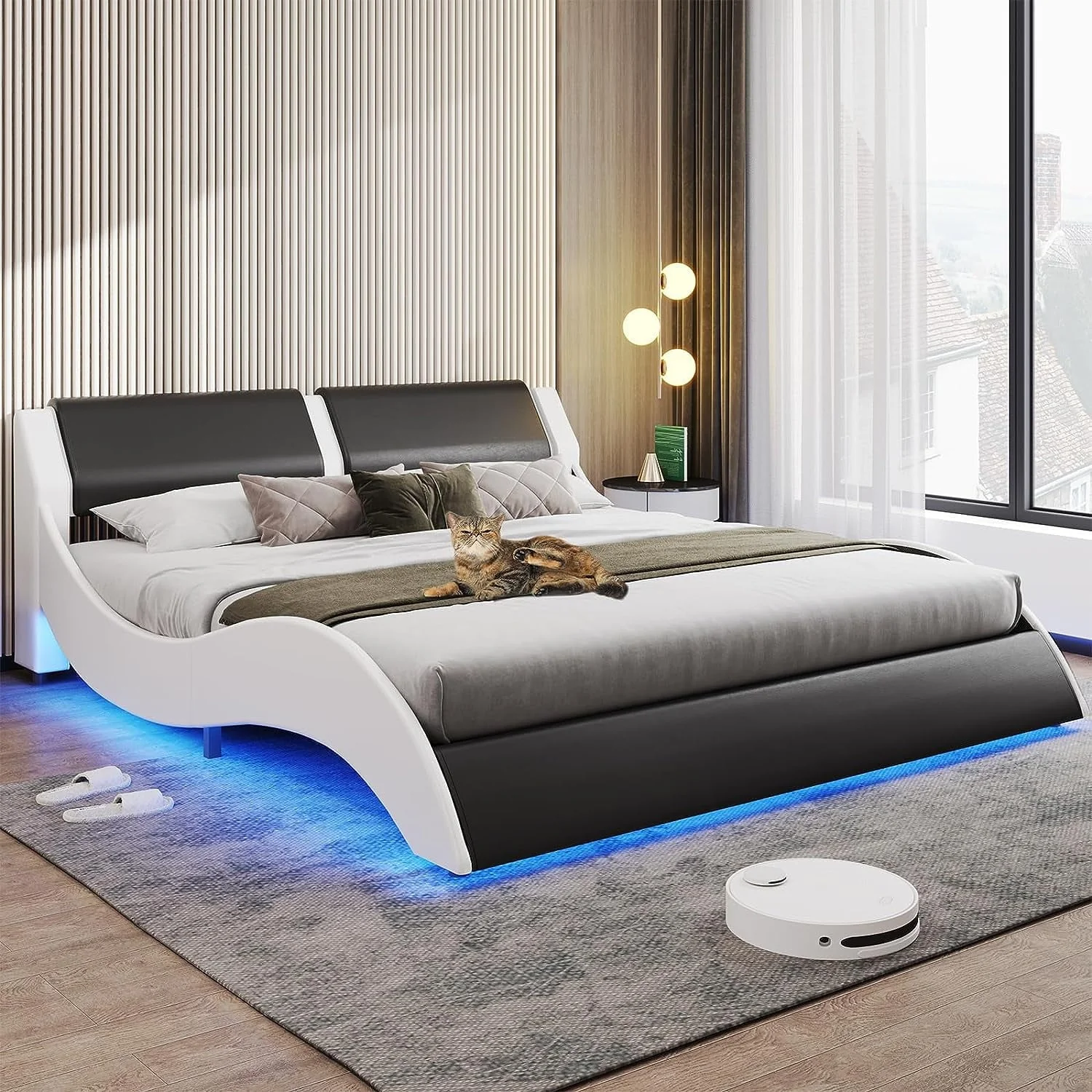 Queen Size Bed Frame with LED Lights, Modern Platform Bed Frame with Upholstered Headboard, Faux Leather Wave Like Low Profile Bed Frame, No Box Spring Needed, Black(King-Black)
