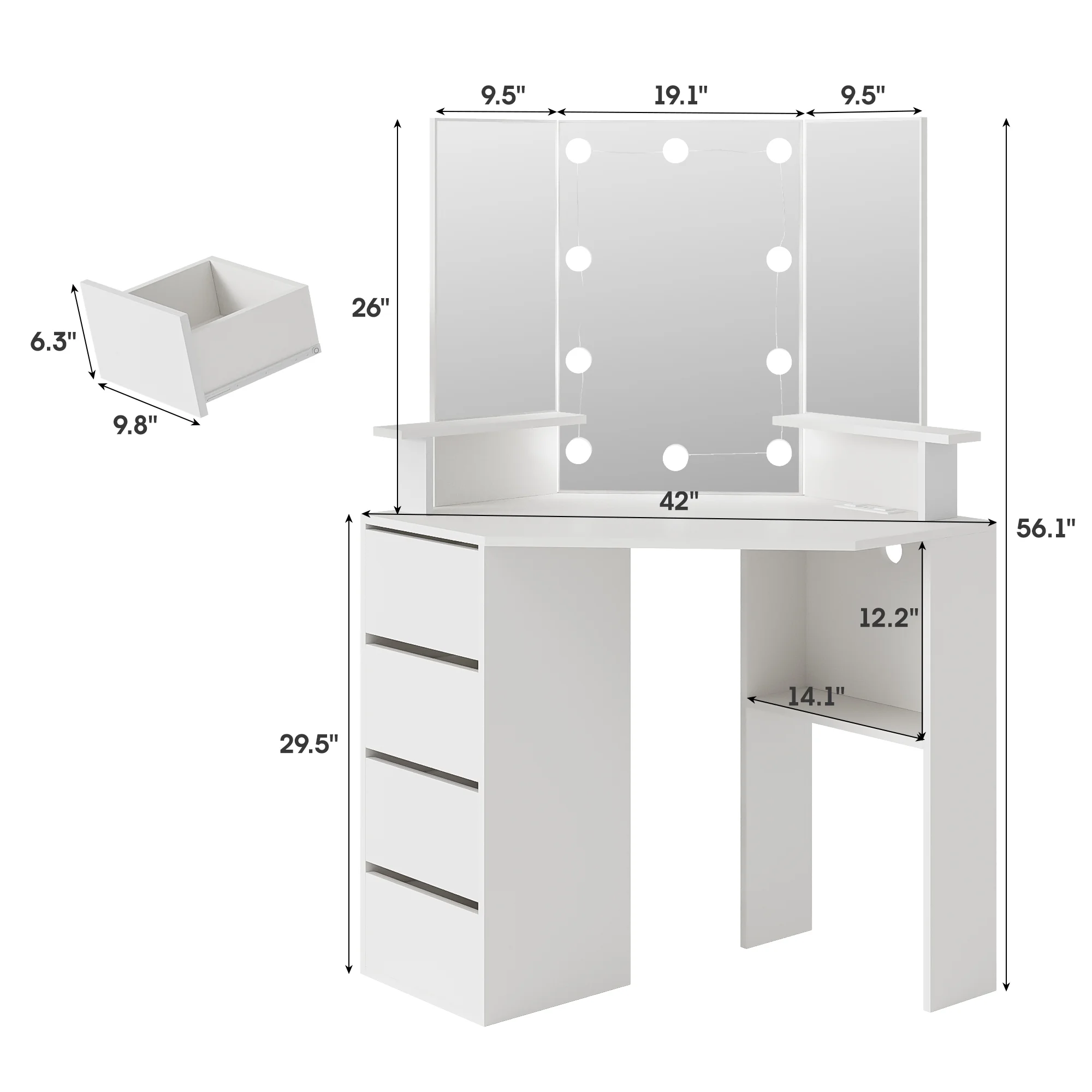 Veanerwood White Corner Vanity Desk with Mirror and Light,Makeup Table with 4 Drawers and Charging Station for Bedroom - Image 12