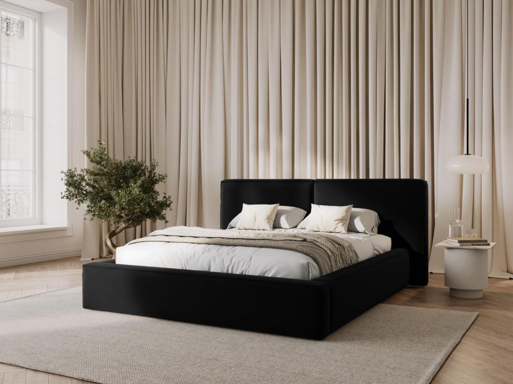 Hogarlujo - Cama con cabecero doble y baúl "Arendal" 140x200cm de terciopelo negro - 228x194x97.5cm