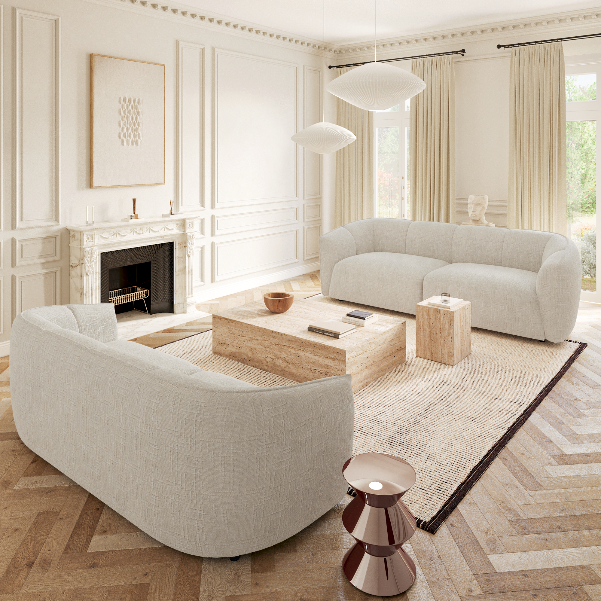 Rechte bank NAMI 4 personen Fluweel weefsel Crème