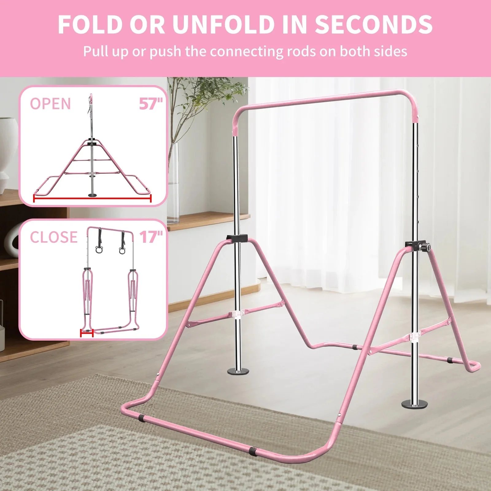 Expandable Gymnastics Bar For Kids, Folding, Height Adjustable 35-51 in, Pink - Image 2 Expandable Gymnastics Bar For Kids, Folding, Height Adjustable 35-51 in, Pink - Image 2
