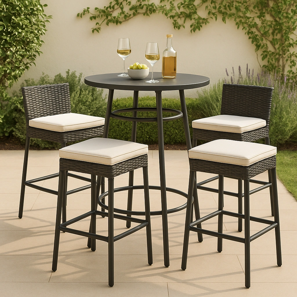 Conjunto de bar para jardín con mesa y taburetes, negro con cojines beige, ratán sintético, para exteriores