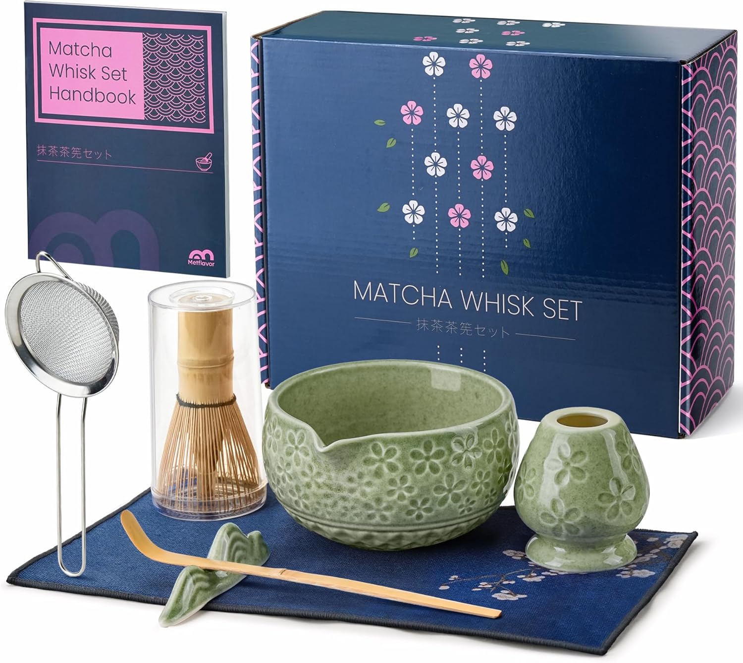 Matcha Whisk Set, Ceramic Bowl Matcha Kit & Handcrafted Bamboo Chasen, Complete 5 Pcs Matcha Set Whisk and Bowl, Stainless Steel Sifter, Bamboo Scoop & Holder for Matcha Lovers