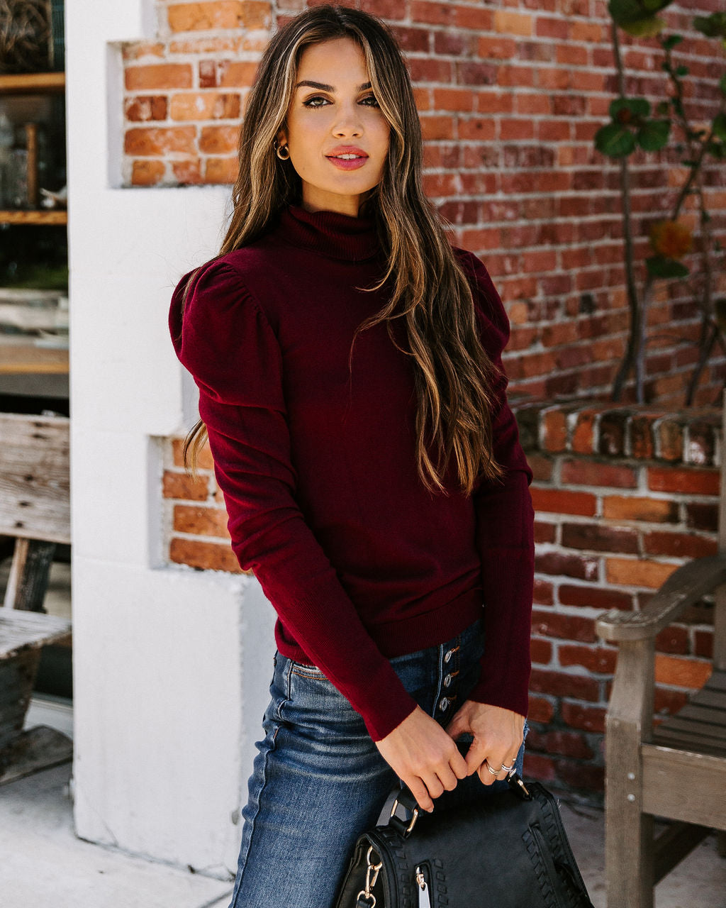 Adamant Puff Sleeve Turtleneck Sweater - Burgundy - Se7enfashion