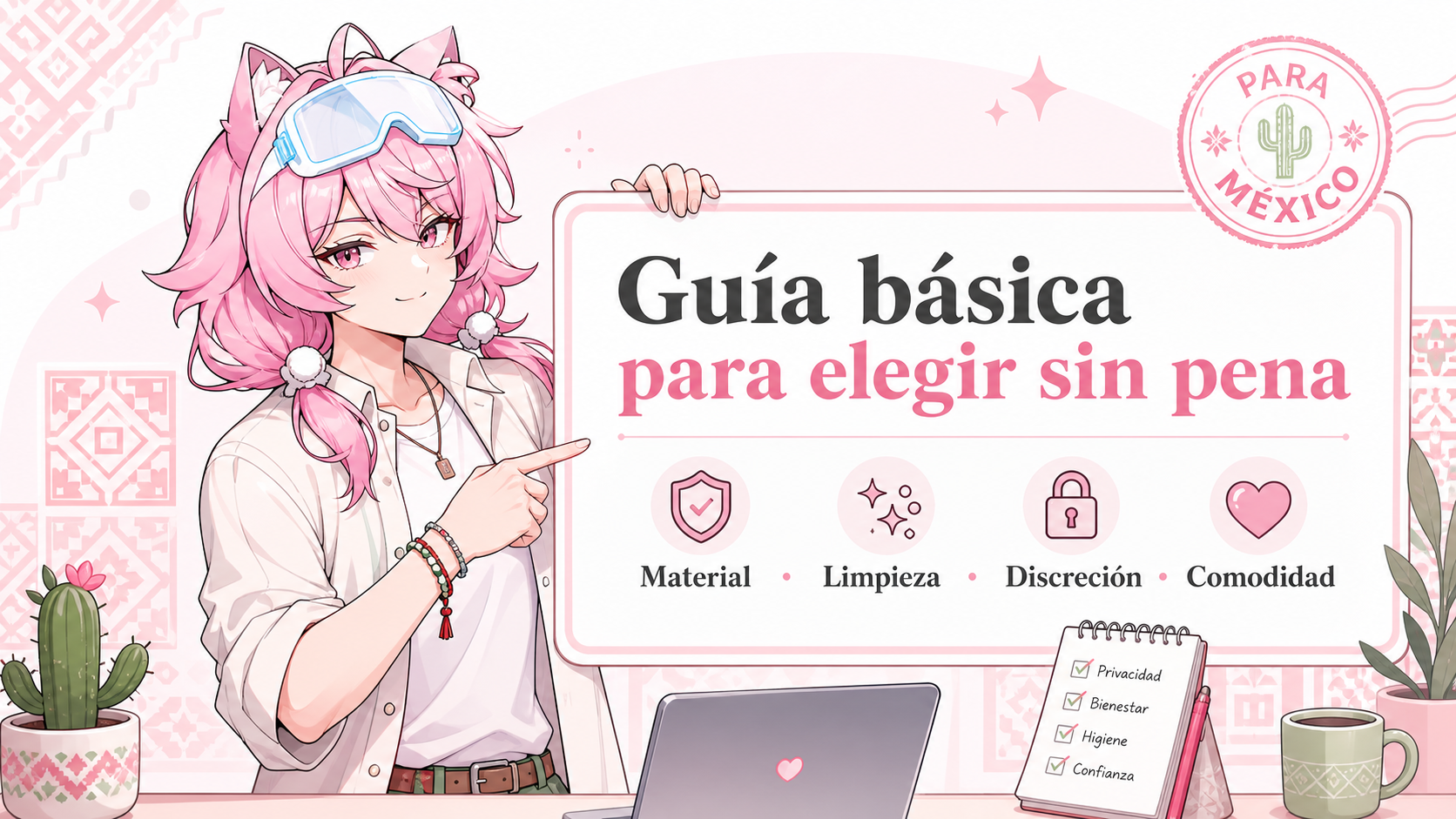 Ilustración anime para México sobre guía básica para elegir juguetes sexuales para hombres, con enfoque en material, limpieza, discreción y comodidad.