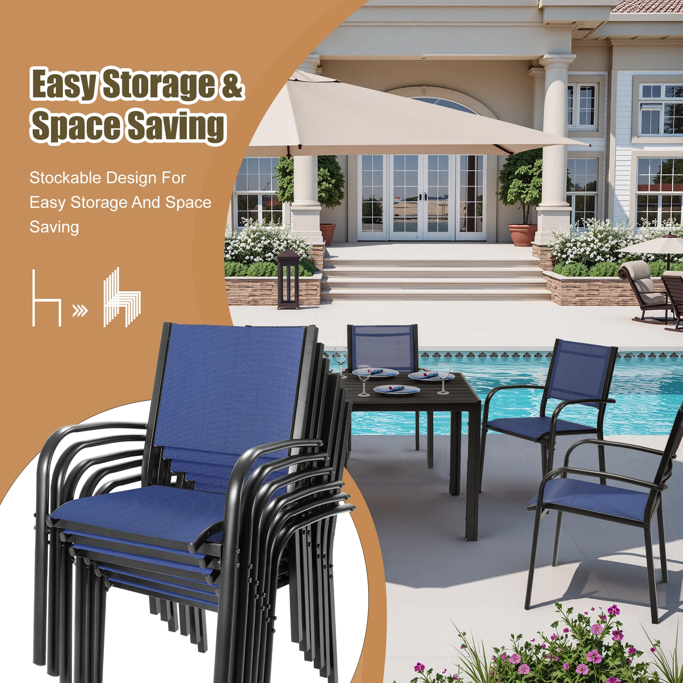 7 Piece Outdoor Dining Set, Patio Dining Table Set for 6 Persons, Garden Patio Textilene Dining Furniture Set with Plastic-Wood Tabletop, Dining Table Chairs Conversation Set for Deck Patio - Image 22