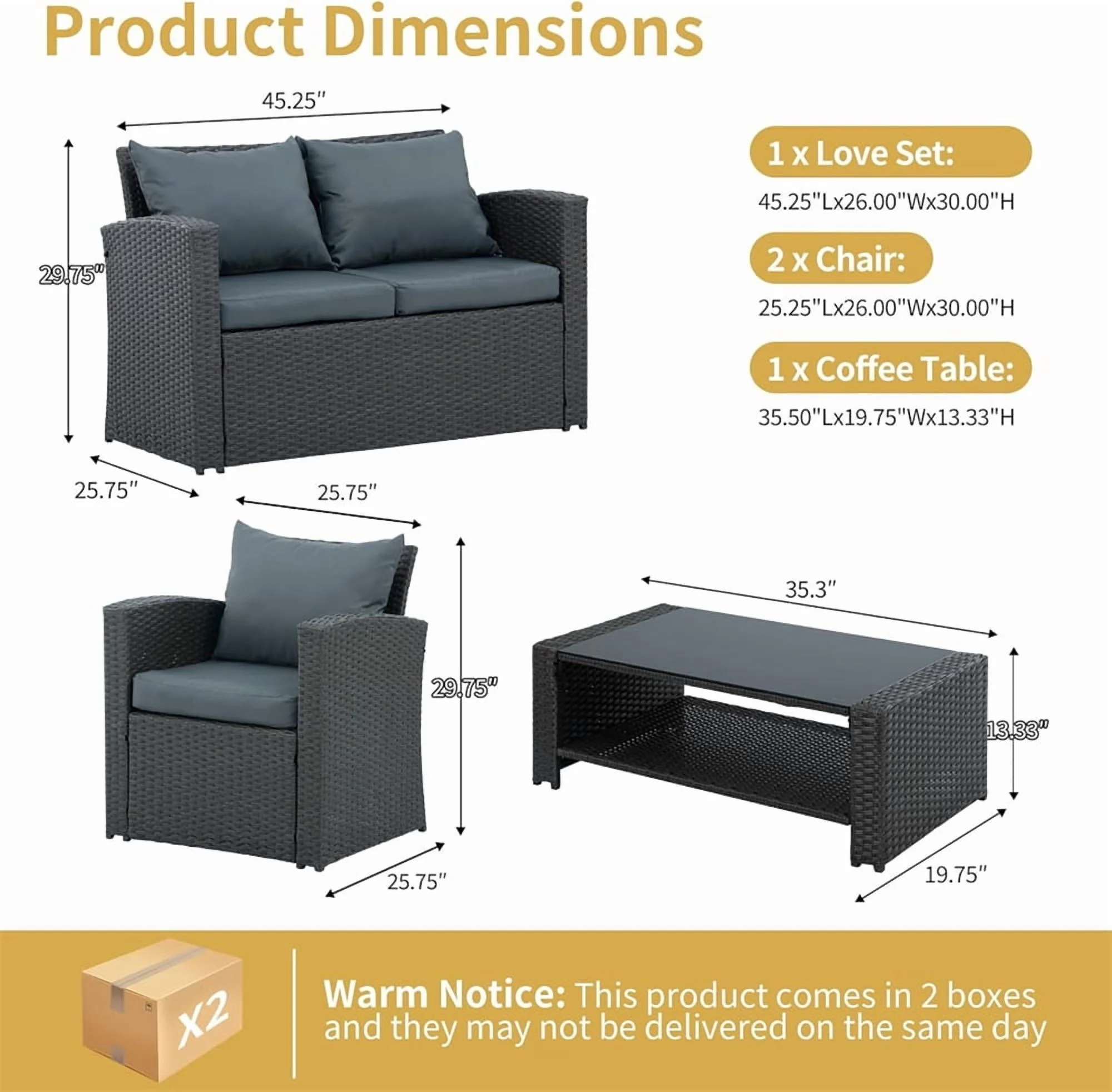 4 Pieces Patio Conversation Set, Outdoor Furniture Set with Cushion, Outside Sectional Rattan Wicker Sofa Furniture Set for Garden, Porch, Backyard, Gray - Image 9