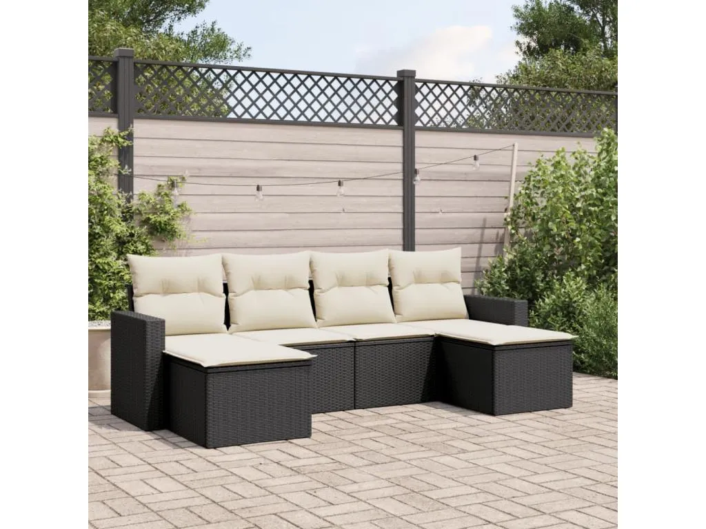 Set de sofás de jardín 6 piezas y cojines ratán sintético negro TKUY35006