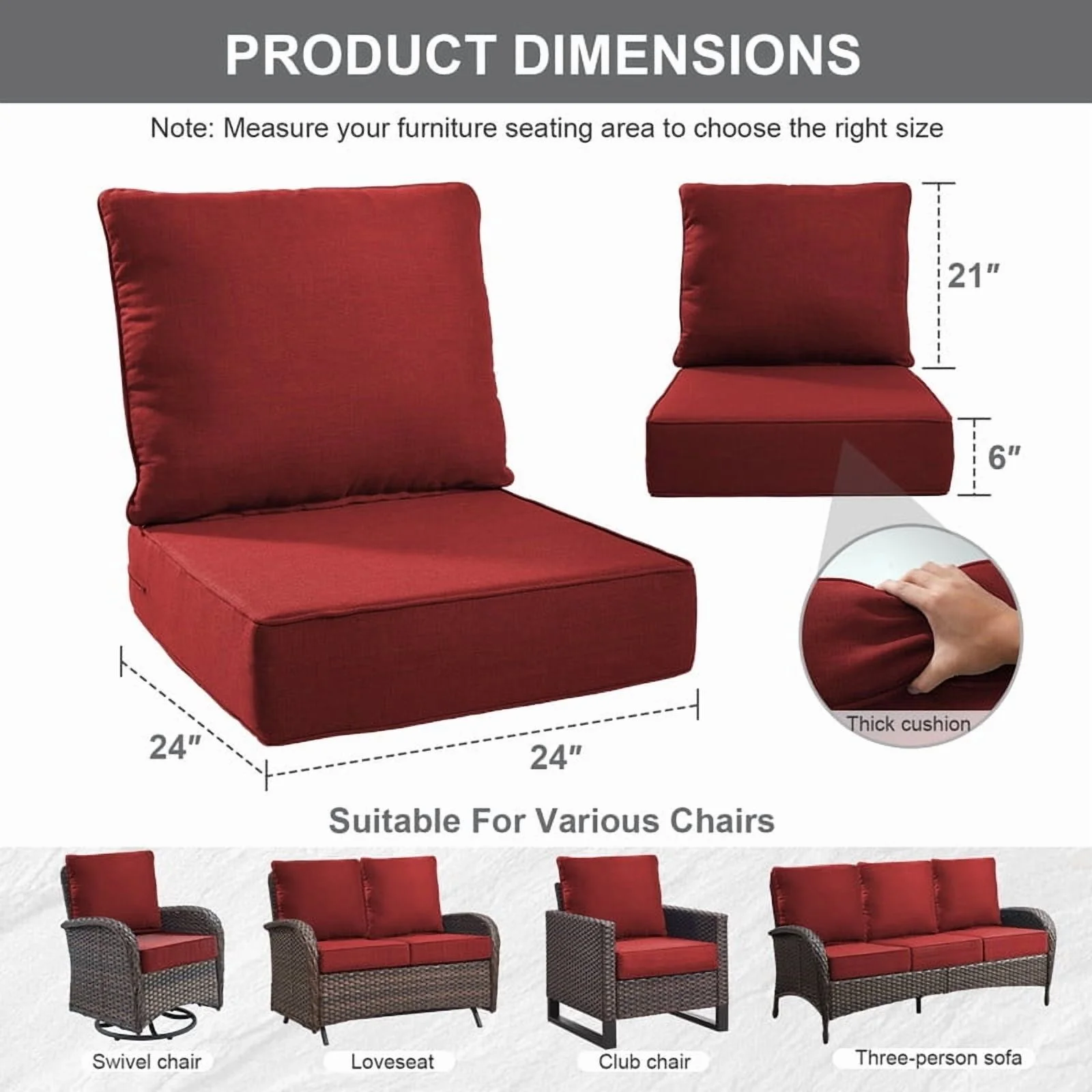 Bellefurn Outdoor Deep Seat Cushion 24 X 24 X 6 inch for Patio Furniture,Outdoor Chair Cushions Waterproof & Fade Resistant Patio Furniture Cushions for Wicker Chair, Sofa, Couch - Image 28