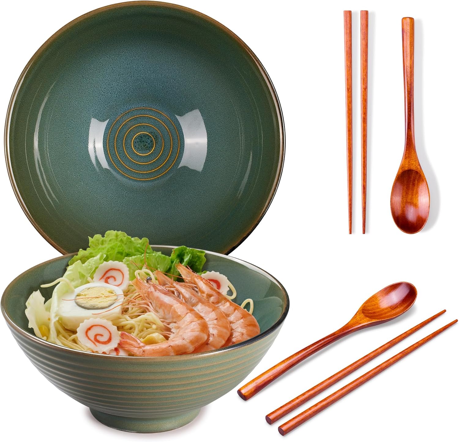 2x Ceramic Ramen Bowls - 40 oz - 20cm - With Spoon and Chopsticks for Ramen Soup Pho Udon Asian Noodles, Large Noodle Bowls (Brown glaze 2 sets)