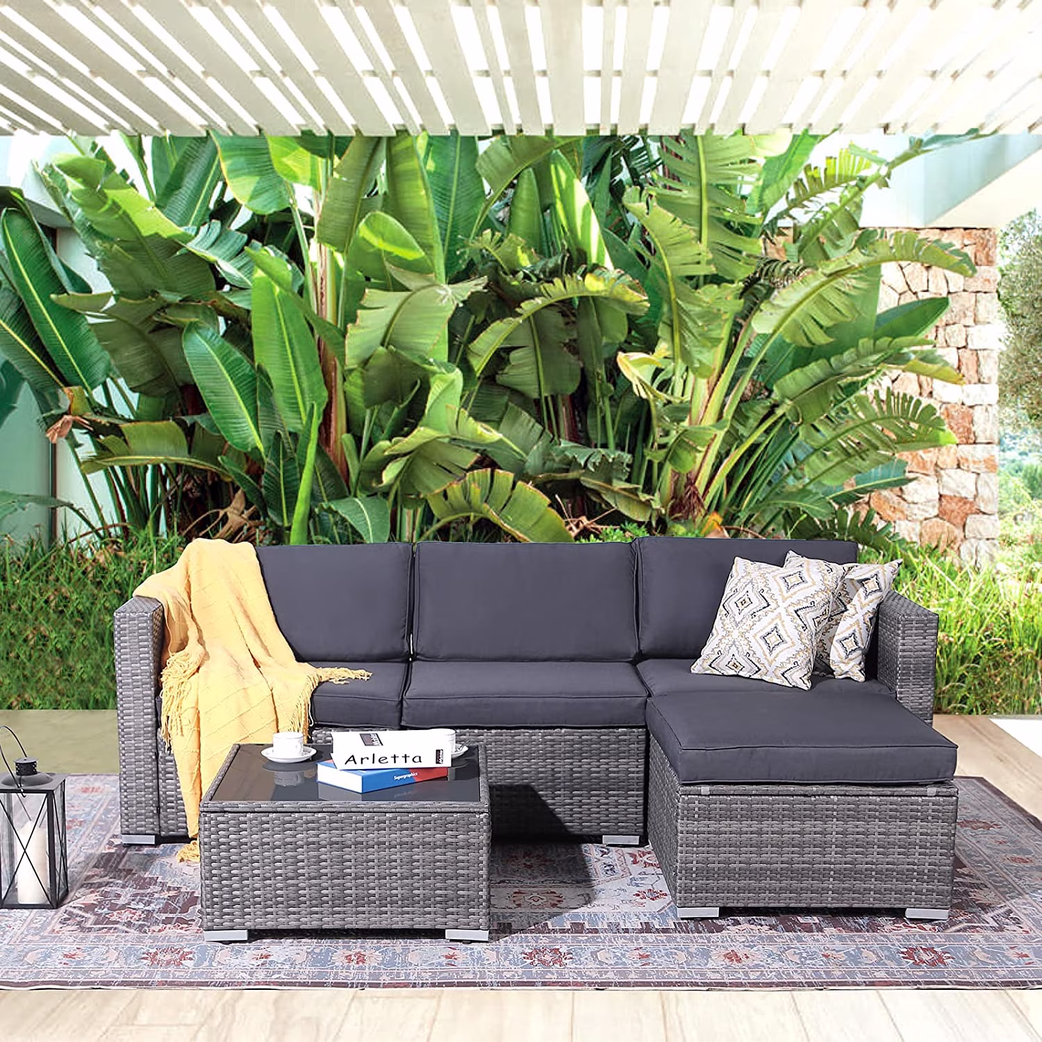 Patiorama 5-Piece Patio Furniture Set, Outdoor Sectional Conversation Set, All-Weather Grey PE Wicker with Light Grey Cushions, Backyard Porch Garden - Image 5