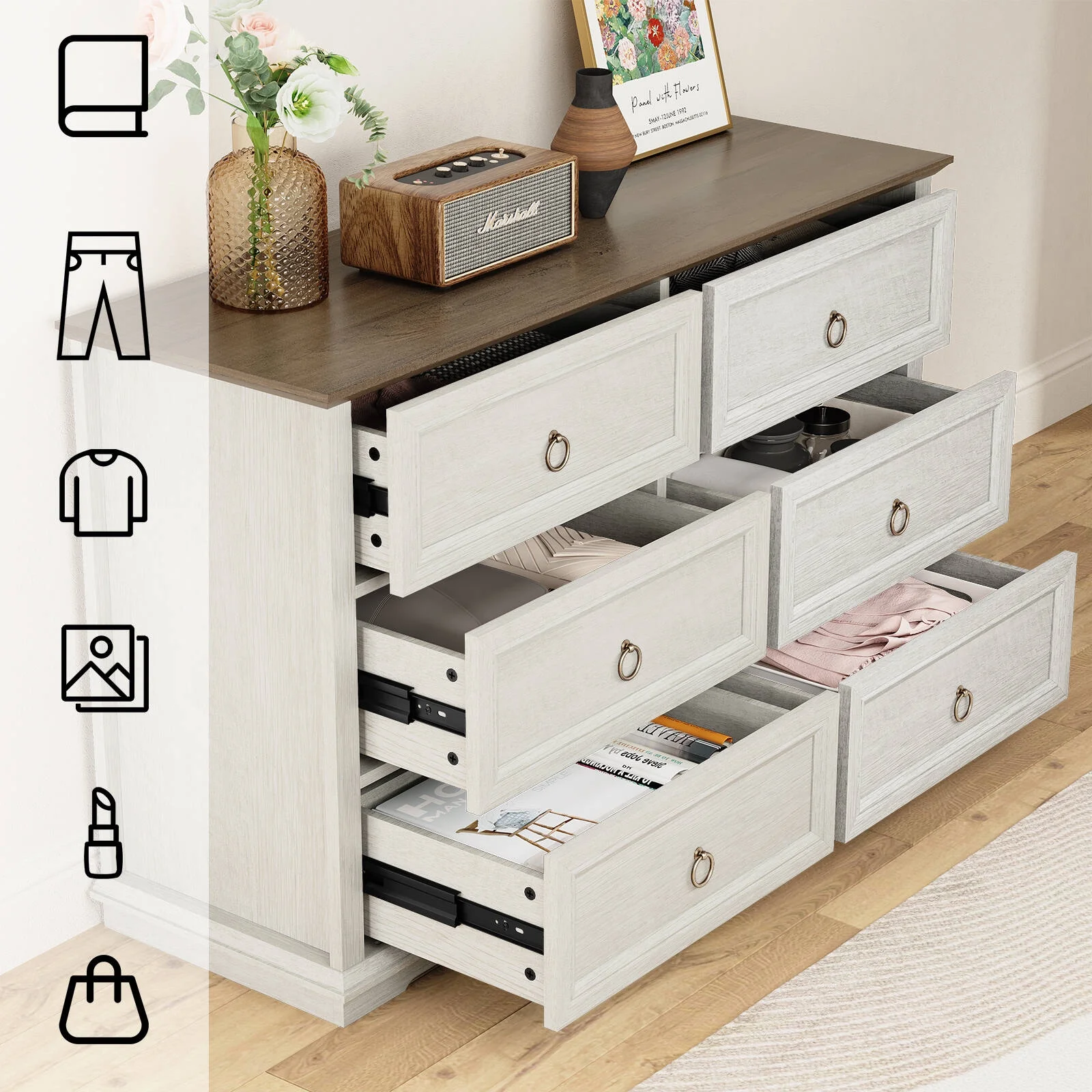 FAGAGA 6 Drawers Dresser for Living Room,Storage Cabinet Wooden Dressers Organizer for Bedroom,White - Image 7