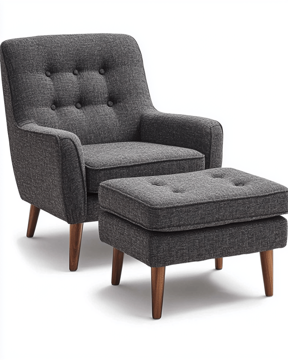 Sillón con reposapiés tapizado en tela – gris oscuro – estilo escandinavo con patas de madera