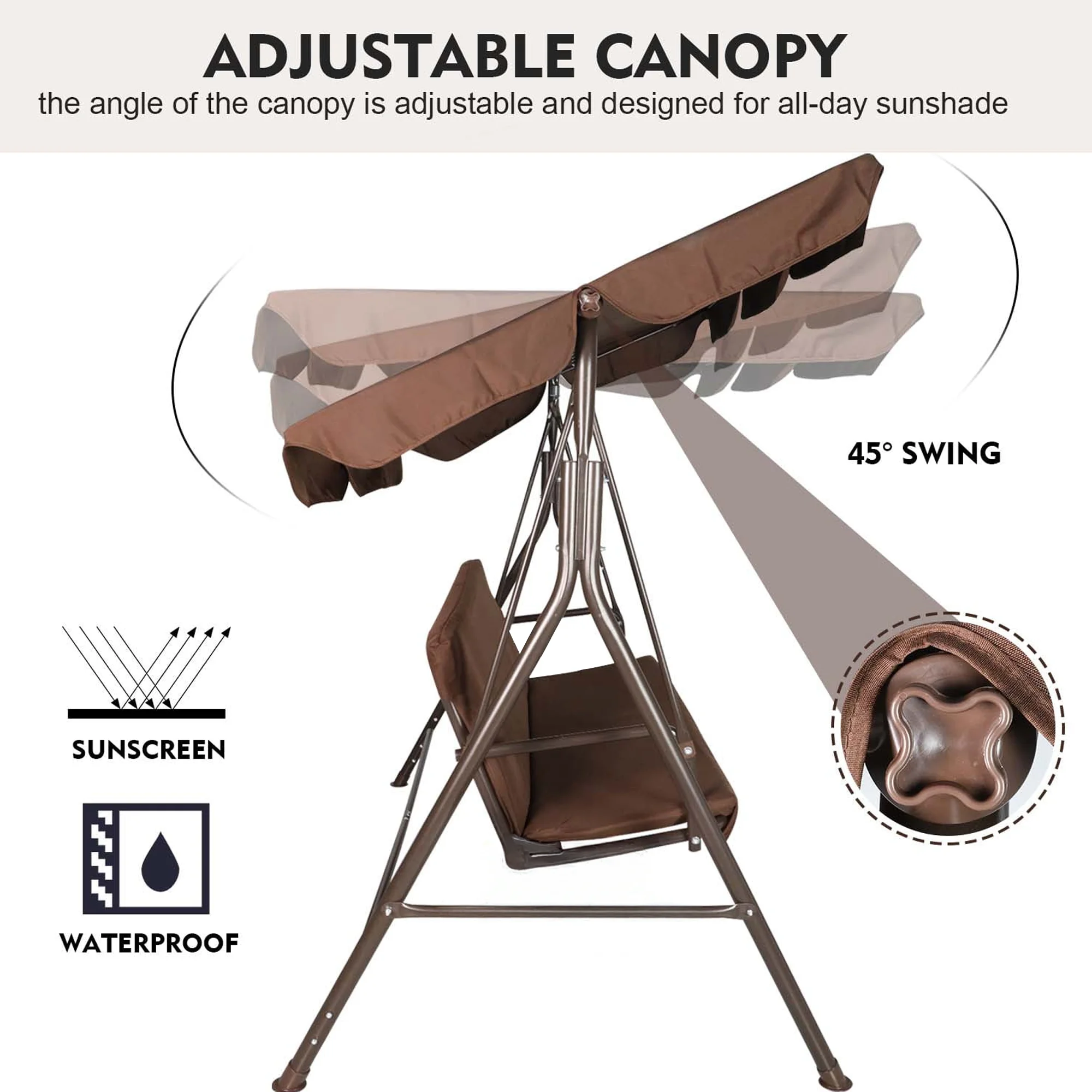 GVDV 3-Seat Steel Porch Paito Swing with Stand,Outdoor Swing Chair with Canopy,Yard swing&Outside swing,Canopy Swing-Brown - Image 6