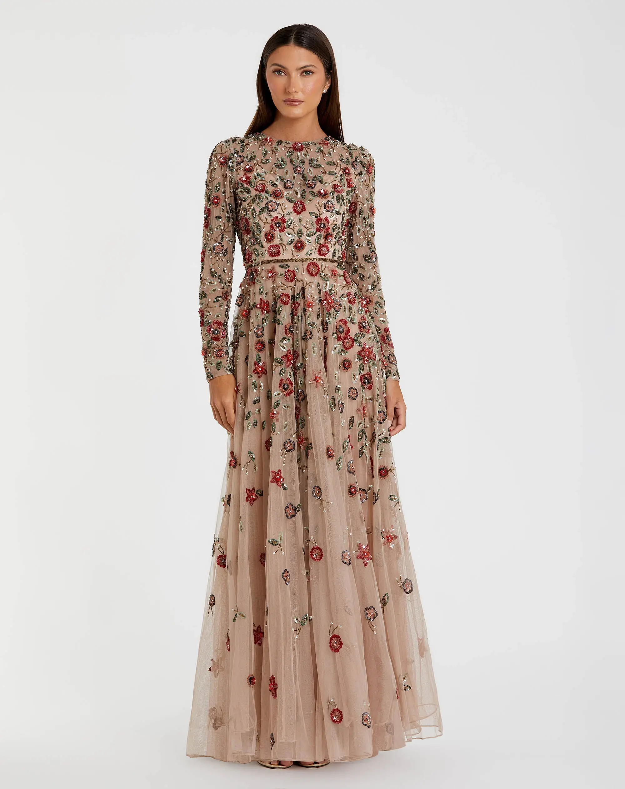 Petite Beige Embellished High Neck Long Sleeve A Line Gown - Special Events Unlimited