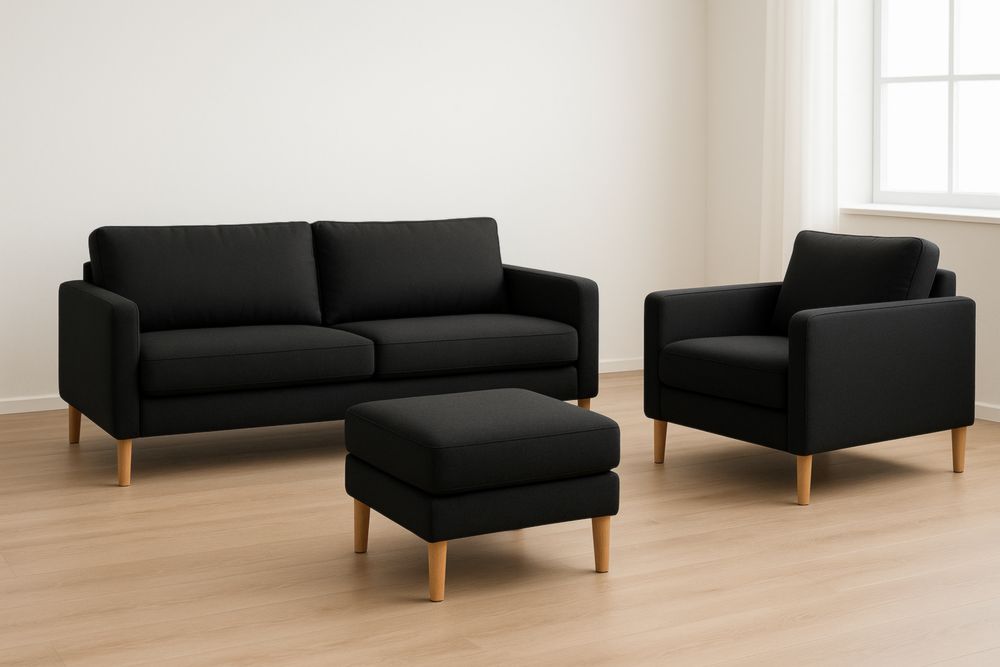 200x85x80 cm sofá de tela con sillón y reposapiés, patas de madera de haya
