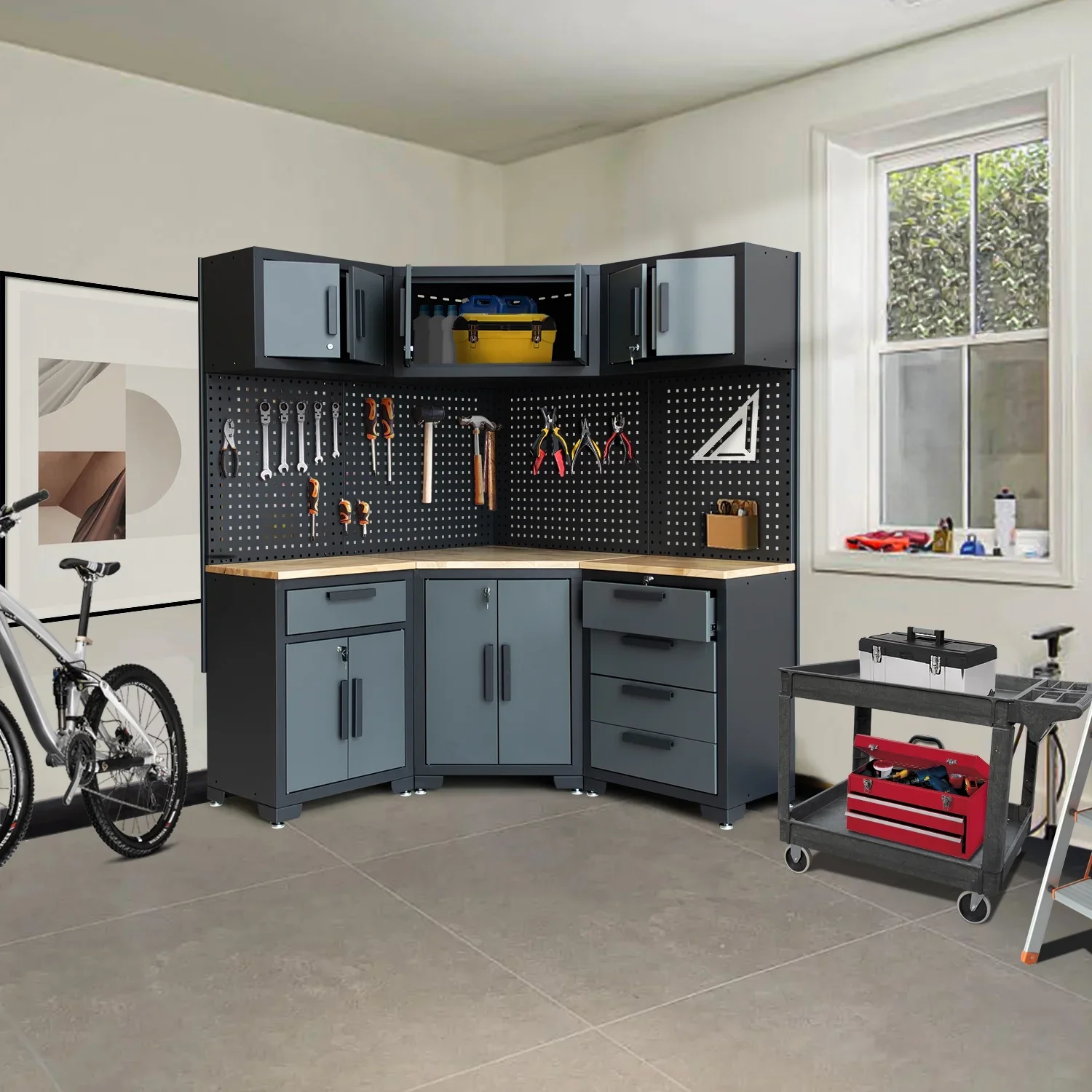 HPDMC 7-Piece Metal Garage Cabinet System With 4-Drawer Roller Cabinet, 47.2 in Workbench And Pegboards - Image 13 HPDMC 7-Piece Metal Garage Cabinet System With 4-Drawer Roller Cabinet, 47.2 in Workbench And Pegboards - Image 13