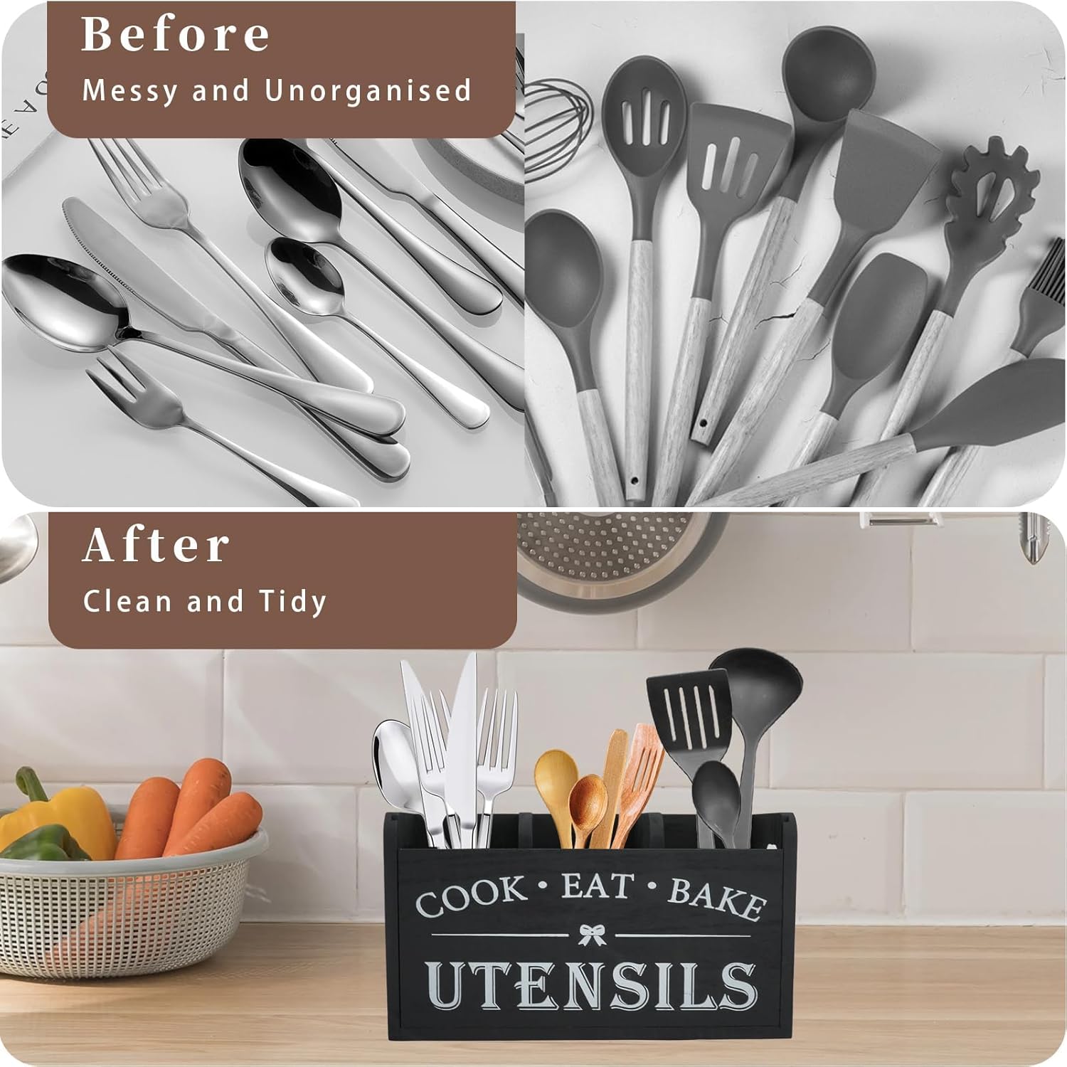 Kitchen Utensil Holder for Kitchen Counter, 3 Compartments Large Utensil Organizer with Drainer, Wooden Cutlery Caddy Holder, Cooking Tools Storage (Black)