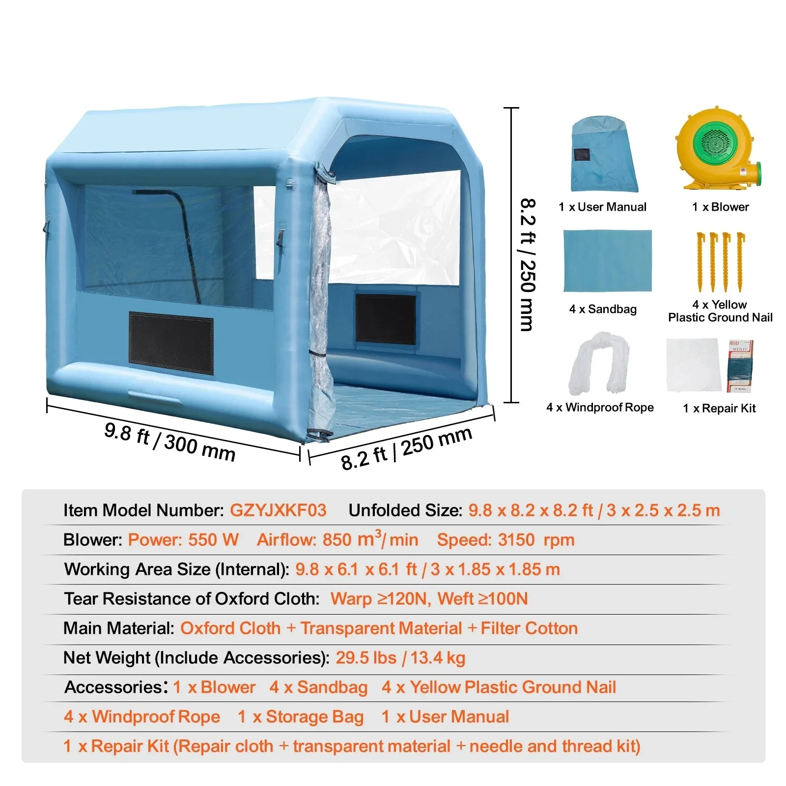 KFFKFF Portable Inflatable Spray Shelter 9.8 x 8.2 x 8.2 ft With 550 W Blower And Filtration System - GZYJXKF03 - Image 4 KFFKFF Portable Inflatable Spray Shelter 9.8 x 8.2 x 8.2 ft With 550 W Blower And Filtration System - GZYJXKF03 - Image 4