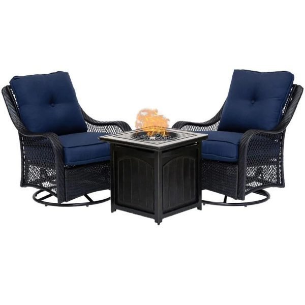 💥Clearance Sale🔥5-Piece Steel Patio Fire Pit Conversation Set with Navy Blue Cushions, Swivel Gliders and Square Fire Pit Table