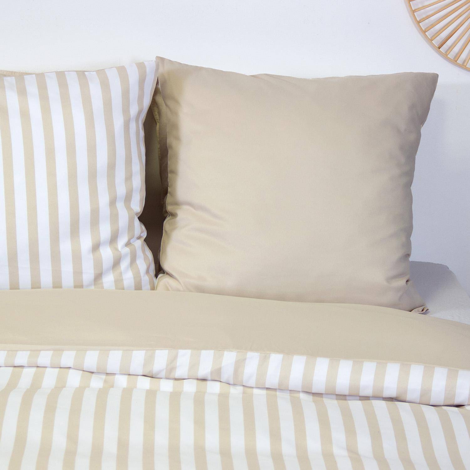 Néo - Ropa de cama de microfibra reversible con rayas beige, 2 plazas