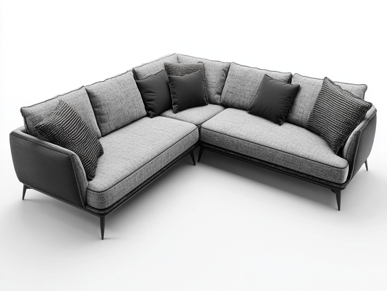 Sofa esquineros de tela gris con cojines decorativos modernos para sala de estar