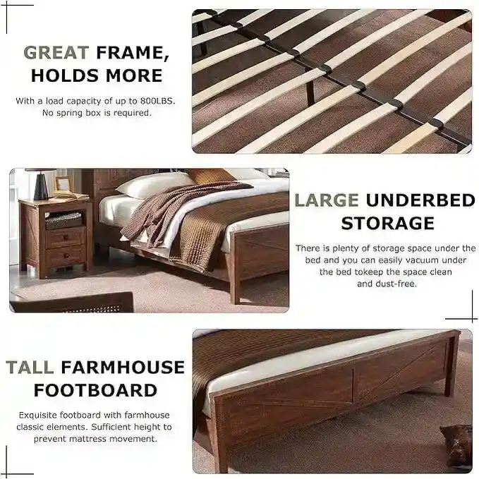 Farmhouse Platform Bed with Storage Headboard Sliding Doors and Charging Station