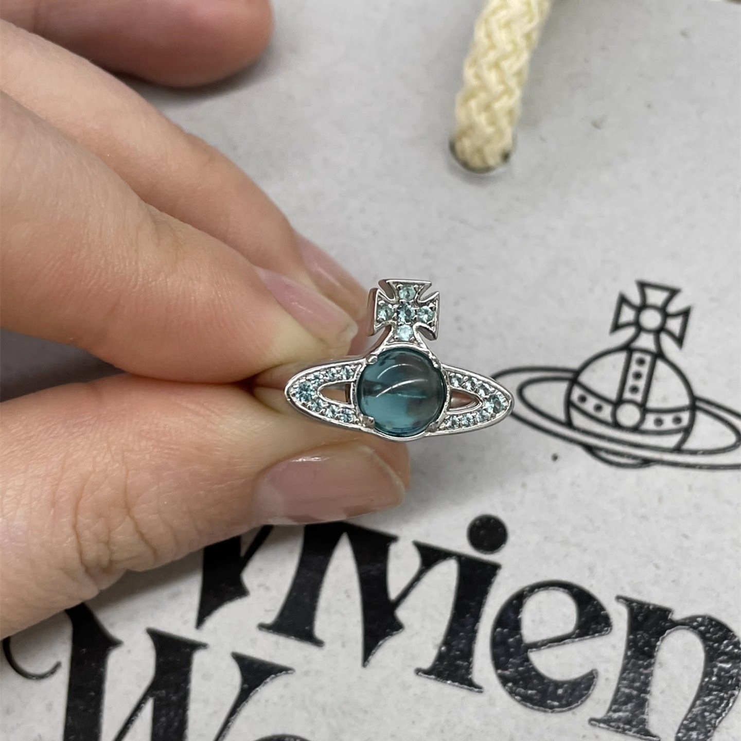 Vivienne Westwood Lake Blue Lucky Bead Saturn Ring - Original Replica Club