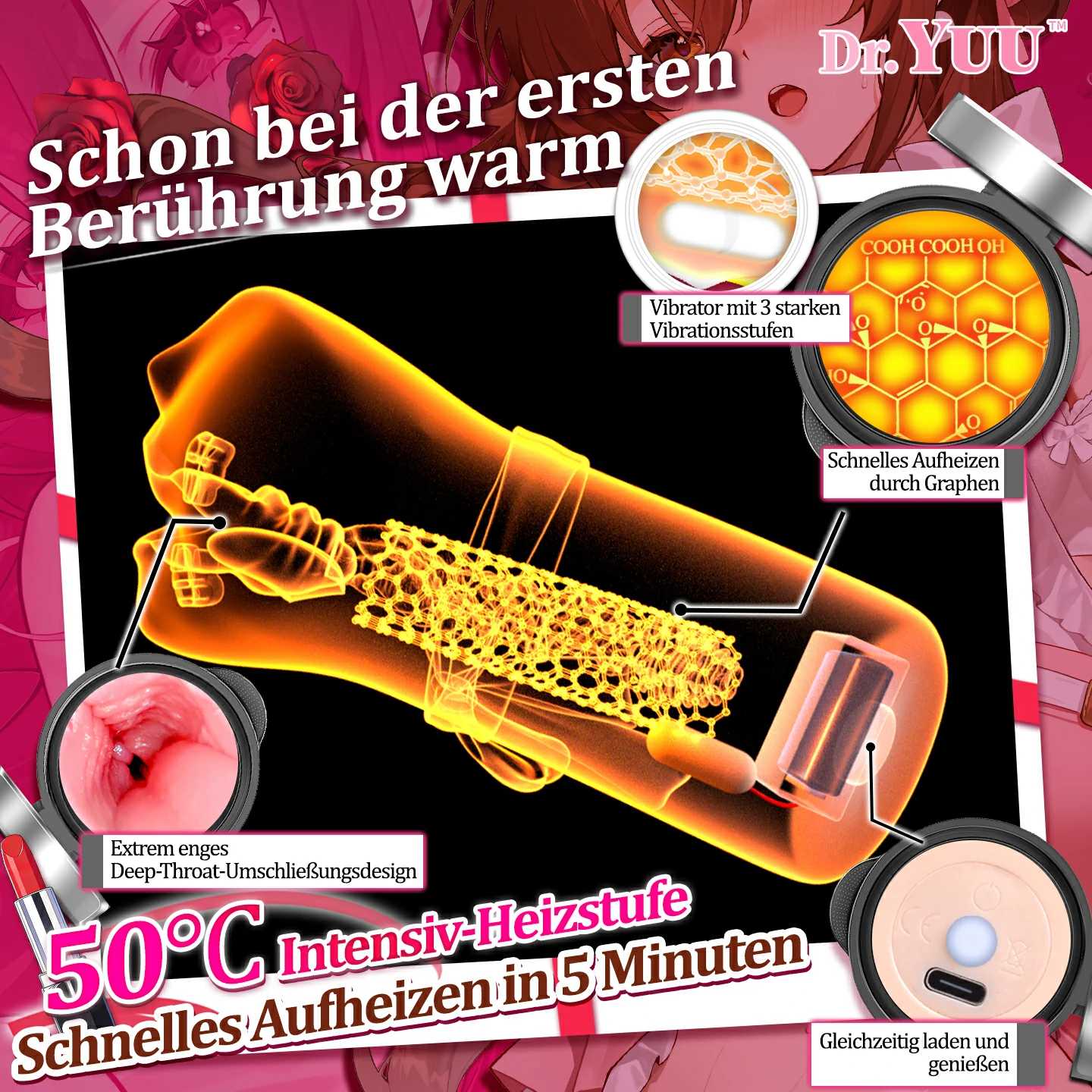 Schnittdarstellung der Graphen-Heizung und des Innenkanals beim Dr.YUU Mundmasturbator 2.0