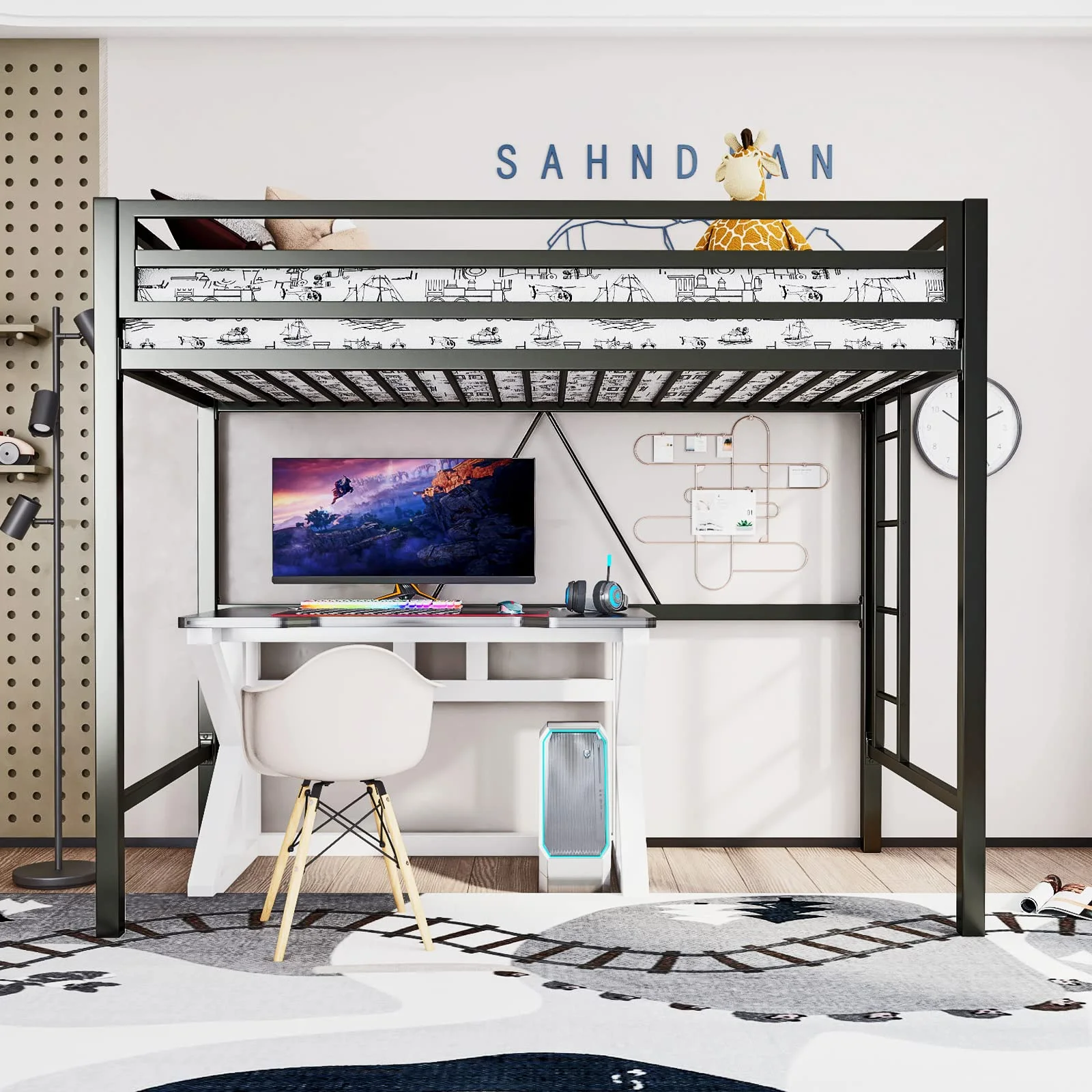 Einfach Metal Twin Size Loft Bed with Removable Ladder & Full-Length Guardrail, White - Image 13