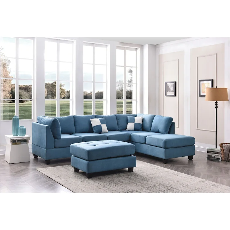 Malone 111-Inch Suede 4-Seater Sectional Sofa with Two Throw Pillows - Dimensions: 111L x 78W x 34H