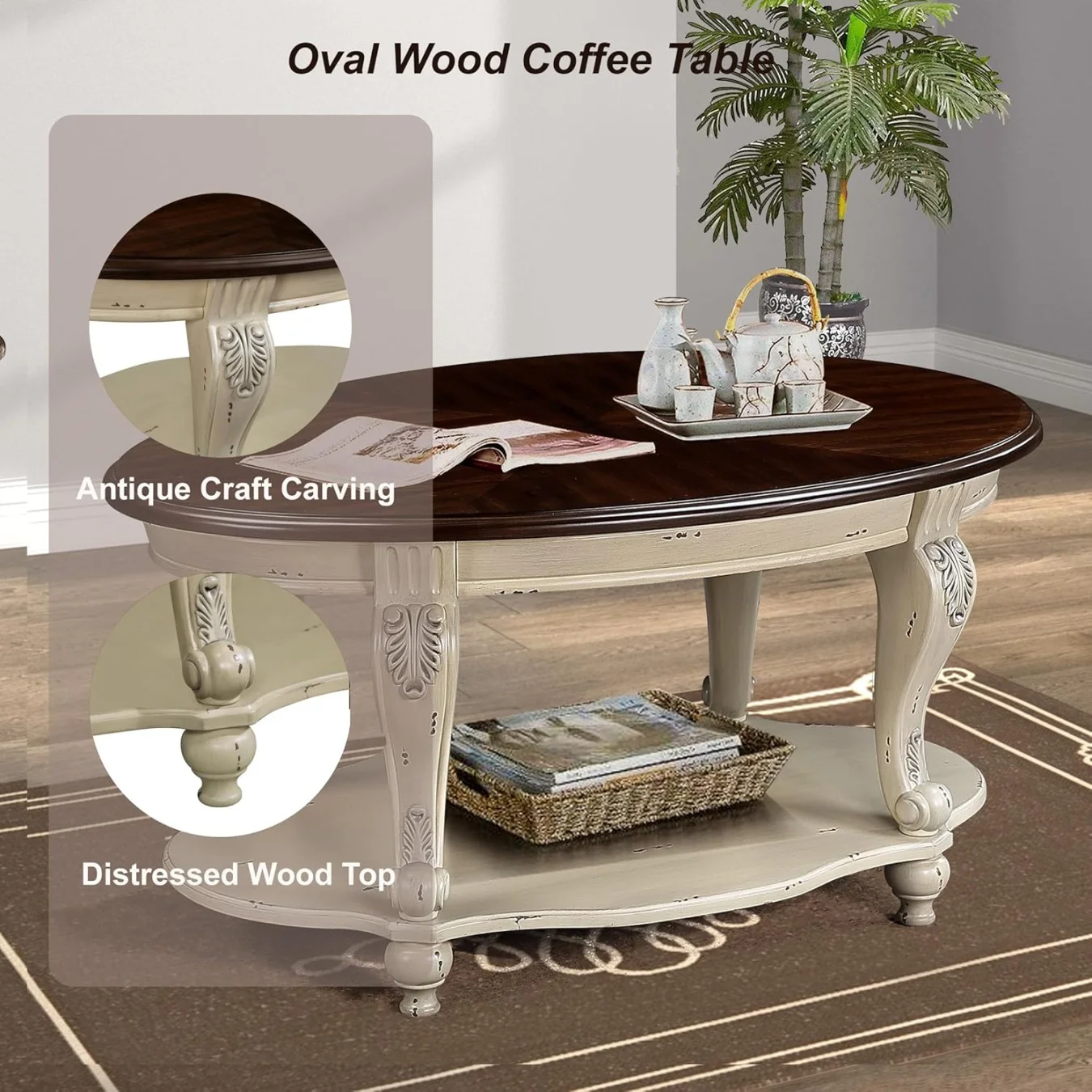 42" Oval Coffee Table with Storage Shelf, 2-Tier Solid Wood Cocktail Tea Table, Traditional Retro Center Table for Living Room, Bearing 400LBS, Cherry - Image 18