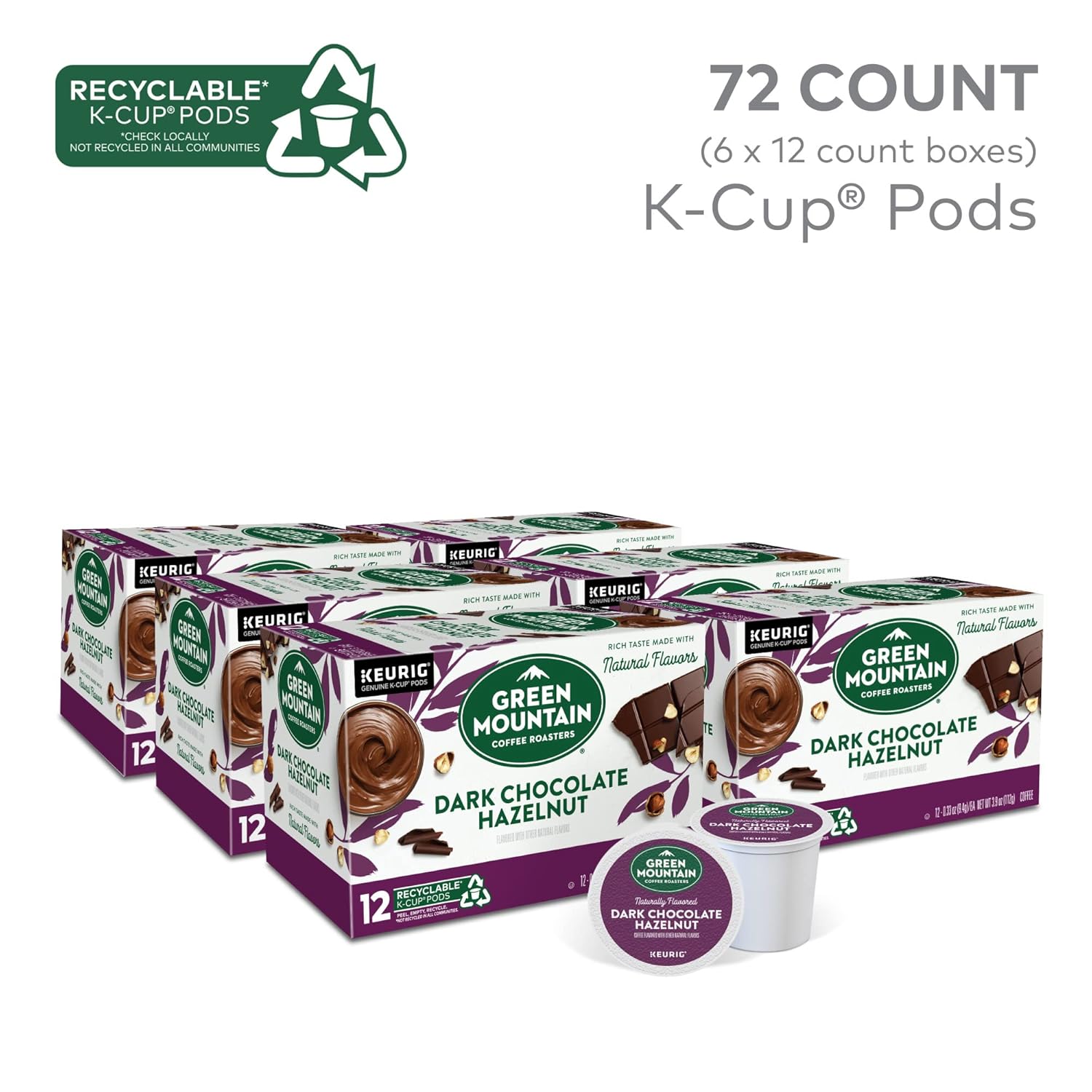 Green Mountain Coffee Roasters Dark Chocolate Hazelnut Coffee. Keurig Single Serve K-Cup Pods. 72 Count (6 Packs of 12)