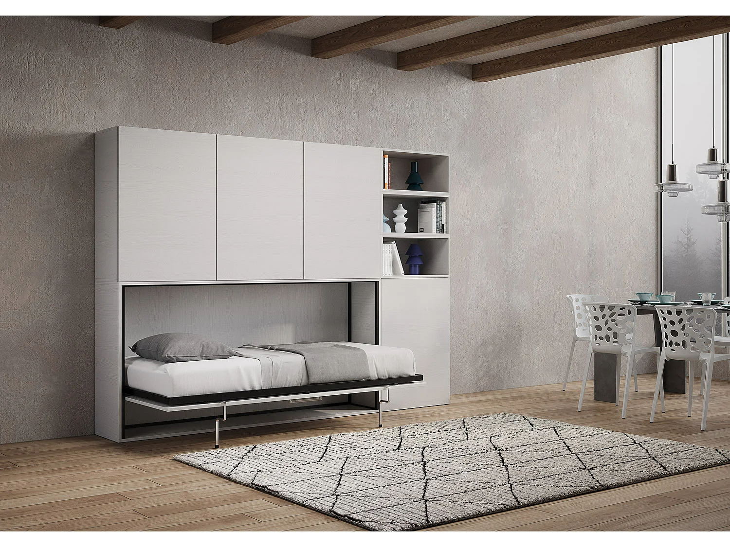 Cama abatible individual horizontal Kando composición F Fresno Blanco