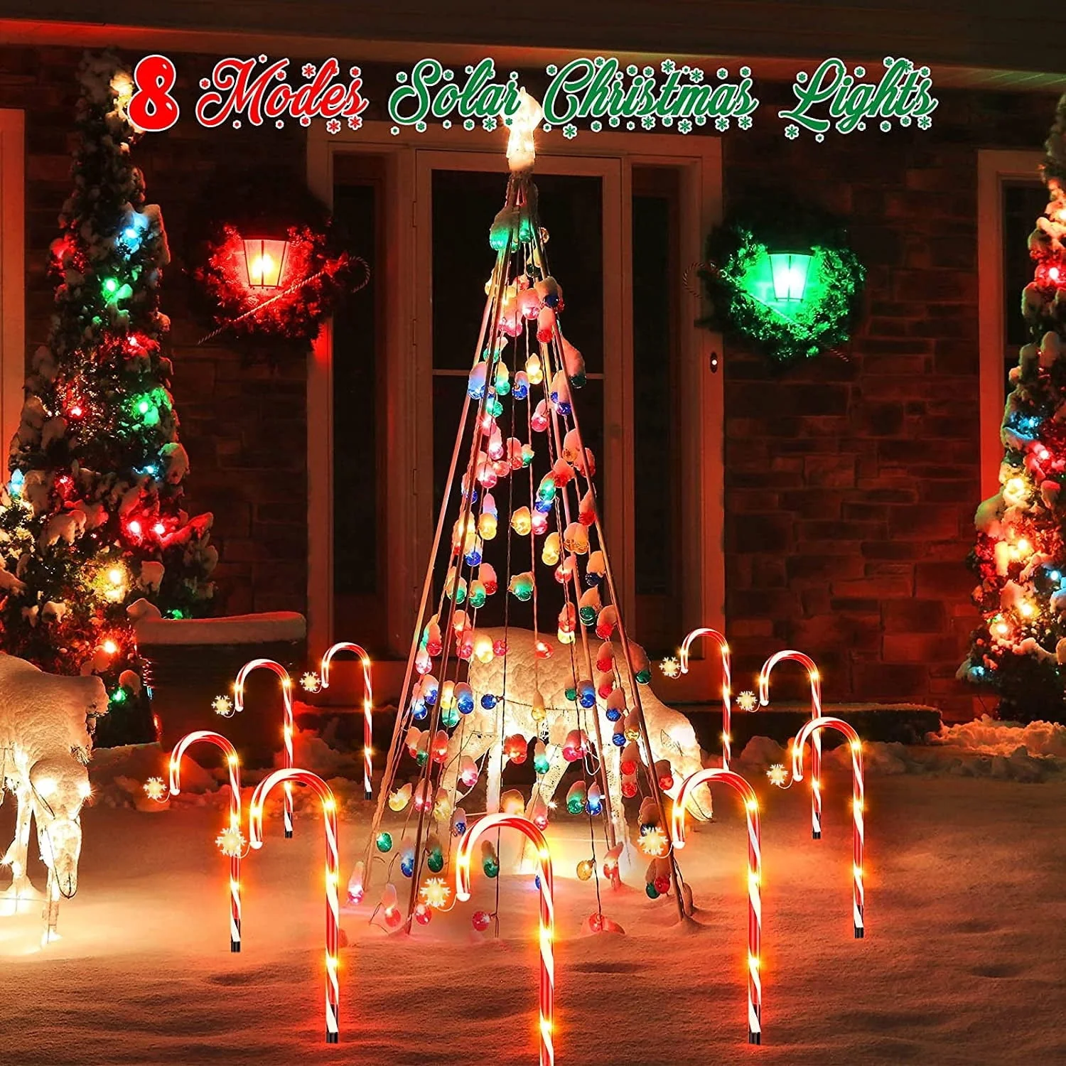 8 pk Solar Outdoor 20 inches LED 8 Modes Christmas Xmas Candy Cane Crutches with Stars Holiday Waterproof Pathway Warm Lights - Image 6