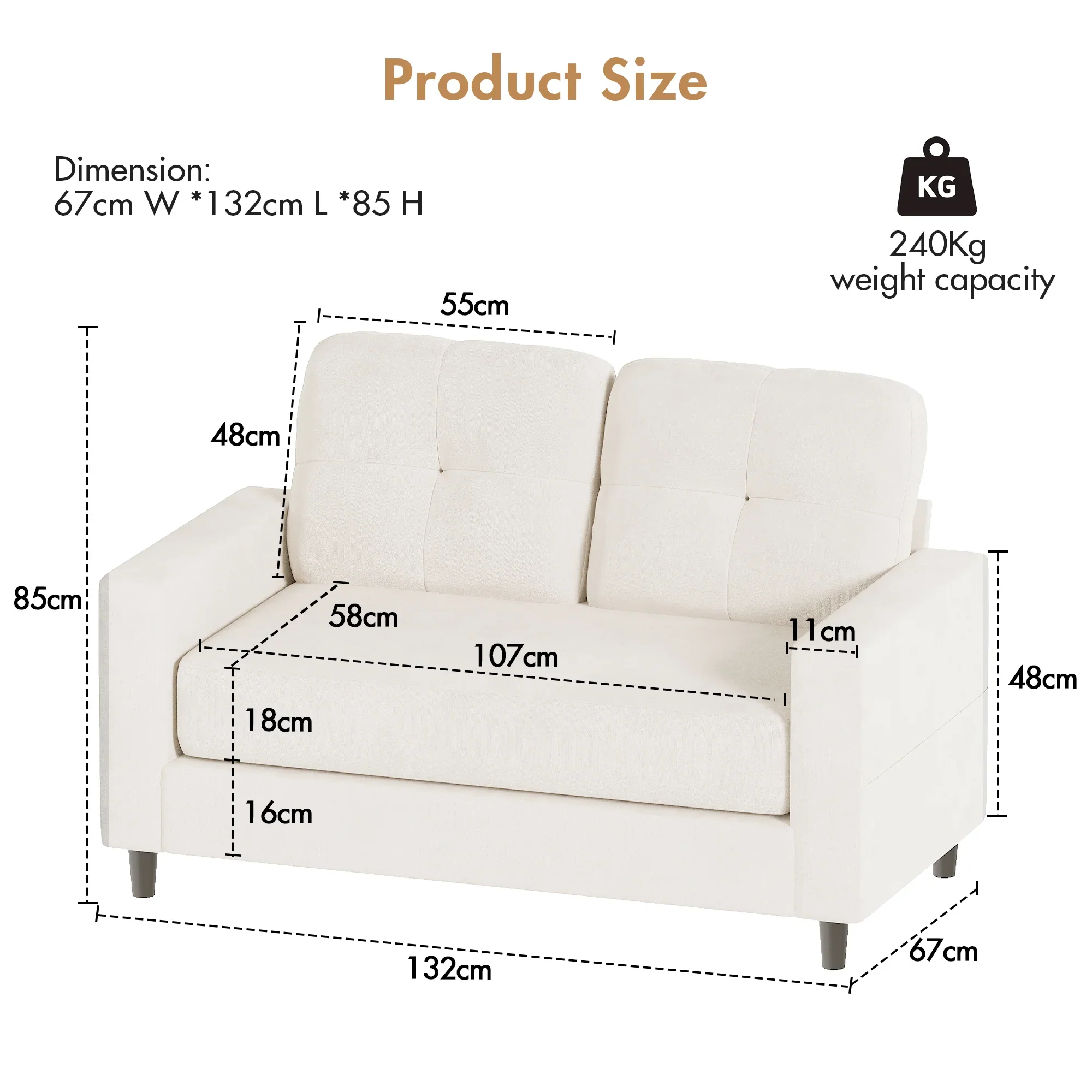 2-Seater Sofa 132cm Loveseat Sofa Beige