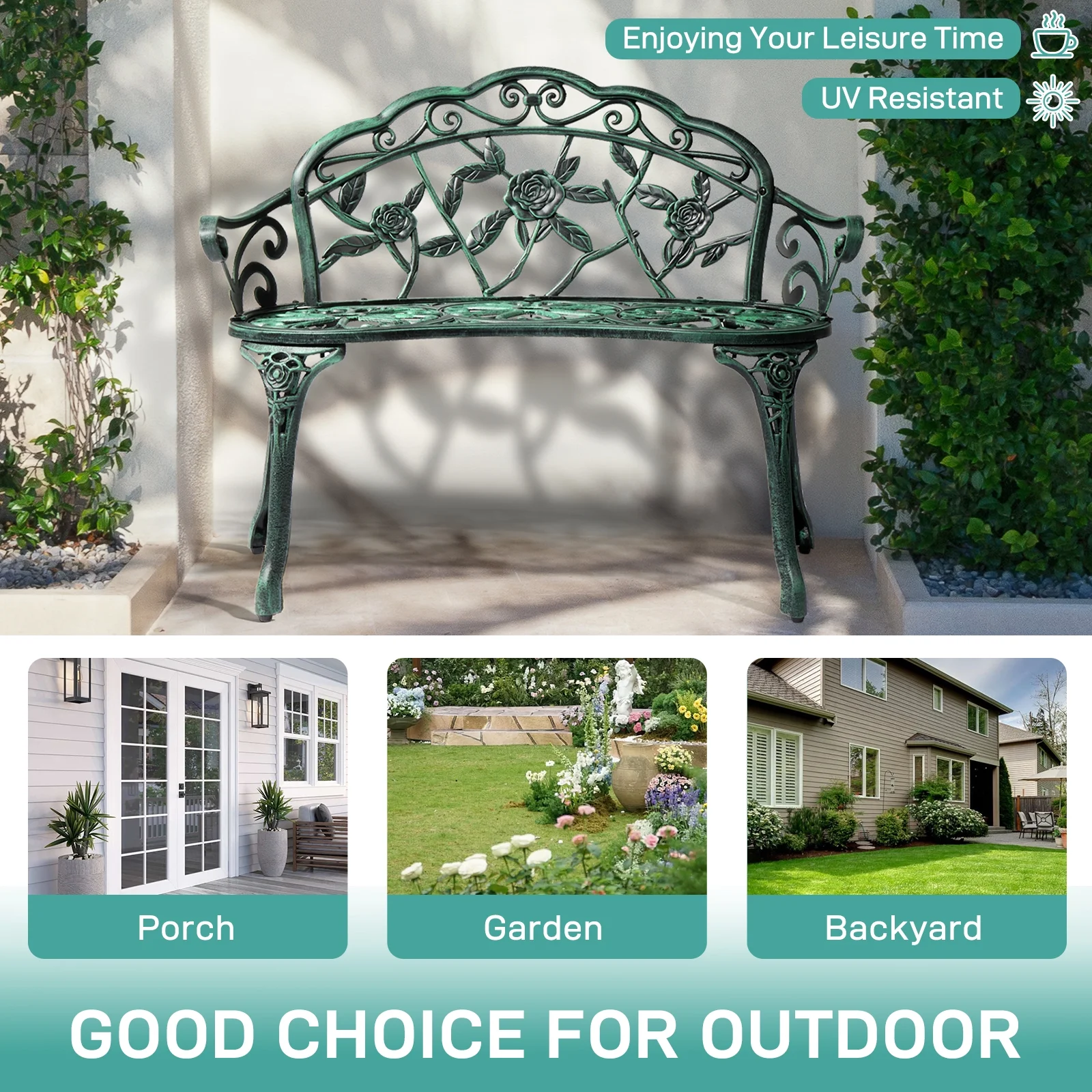 Ktaxon Outdoor Patio Park Garden Bench Courtyard Leisure Rose Cast Aluminum, Outdoor Loveset, Bronze - Image 16