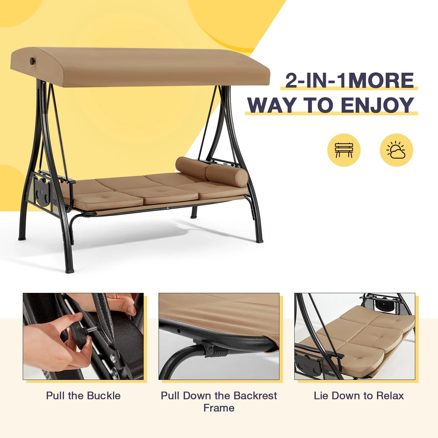 Homrest 3 Person Patio Outdoor Porch Swing with Adjustable Canopy, Backrest, Swing Bed with Stand for Garden,Deck - Image 15