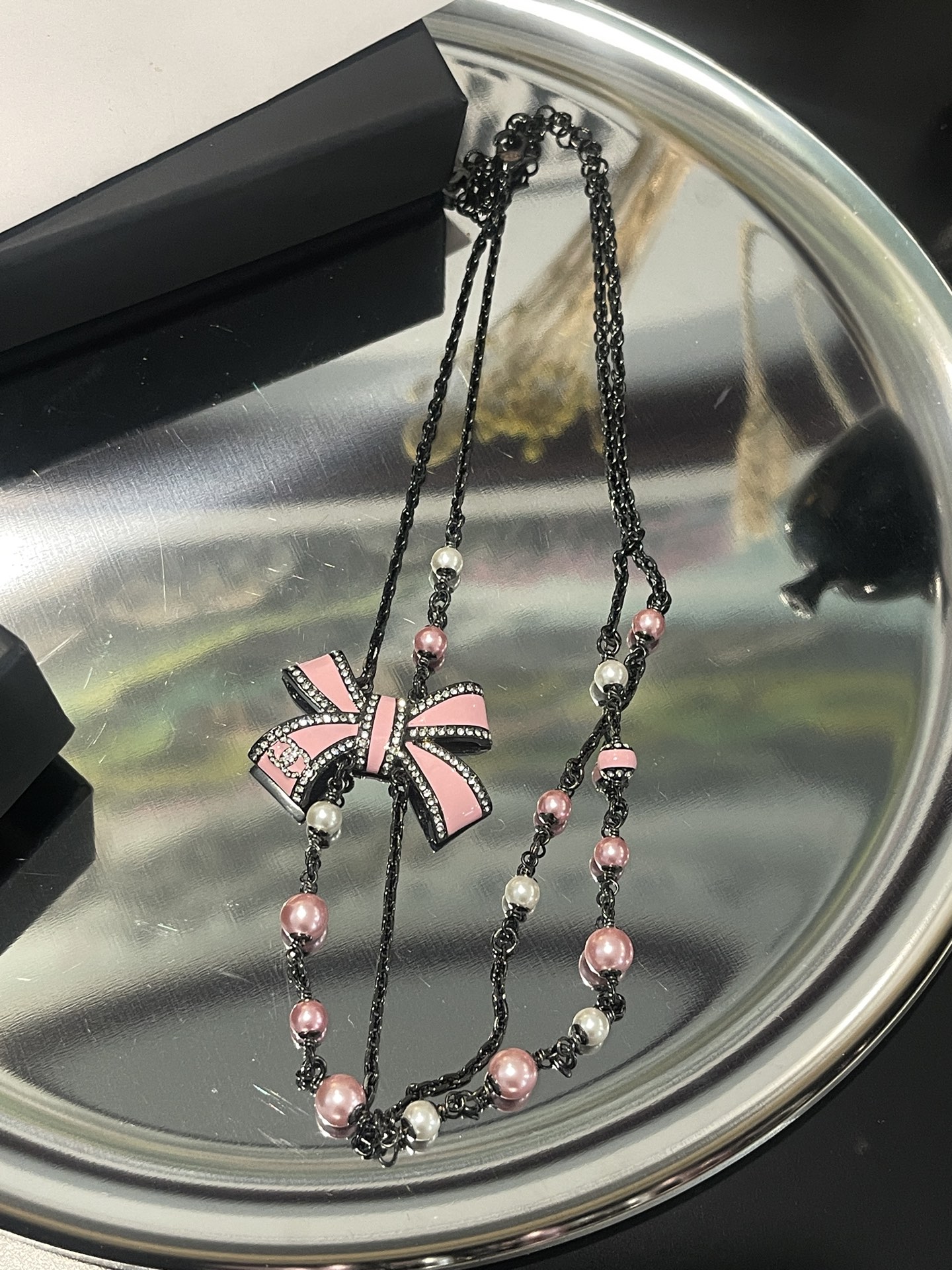 Chanel Two Layers Pink Bow Pearl Necklace - Original Replica Club