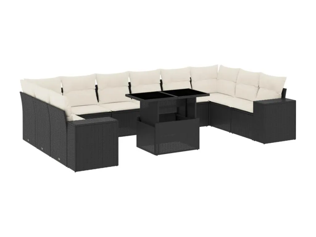 Hogarmini Set de sofás de jardín 11 pzas y cojines ratán sintético negro 04734dkfr