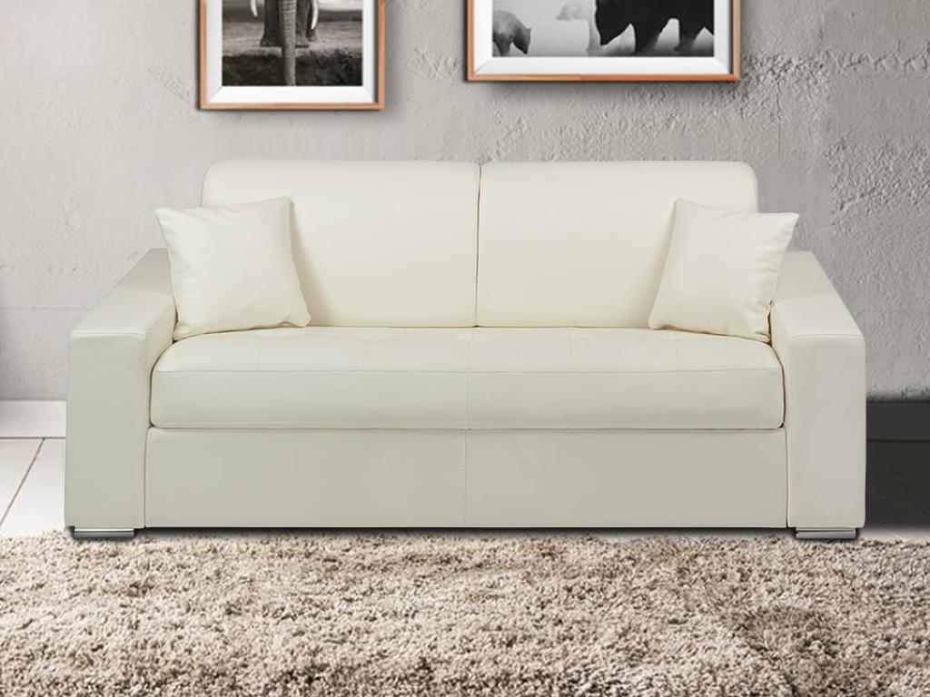 Sofá cama de 3 plazas tipo italiano de piel sintética EMIR - Blanco - Somier de láminas de 140 cm - Colchón de 14 cm