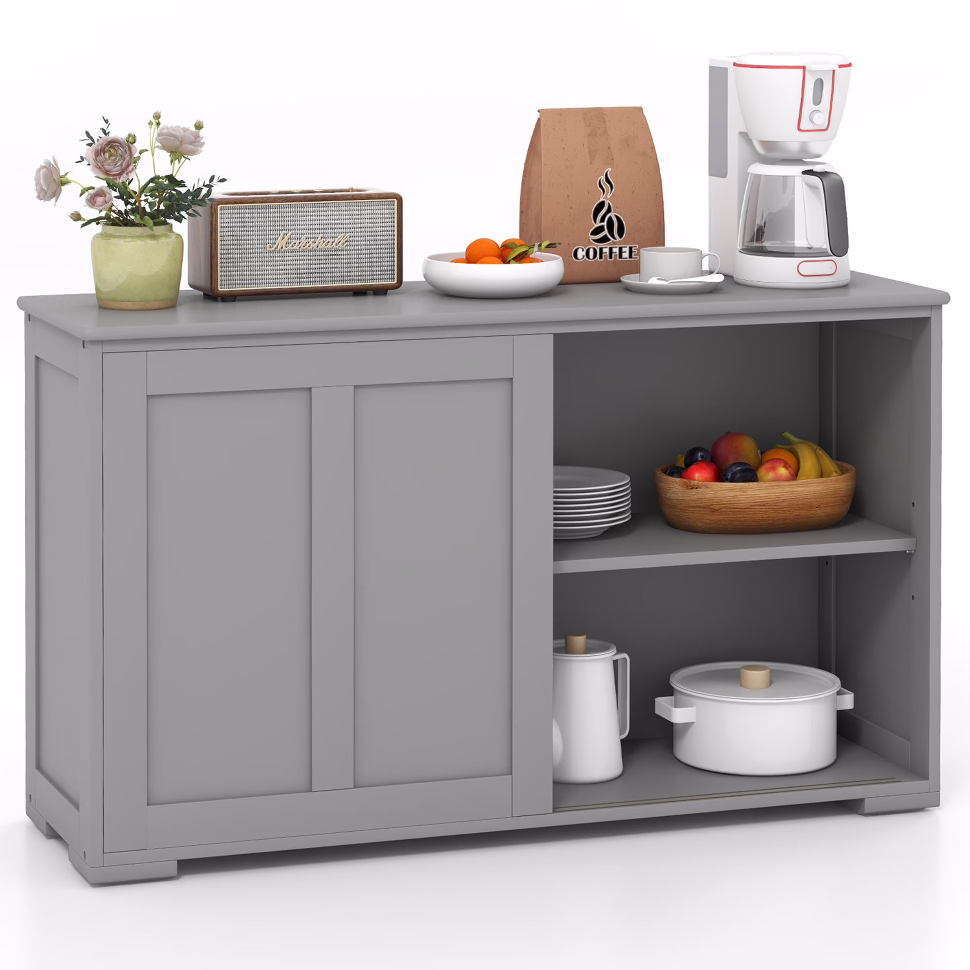 Costway Kitchen Storage Cabinet Sideboard Buffet Cupboard Wood Sliding Door Pantry White - Image 7