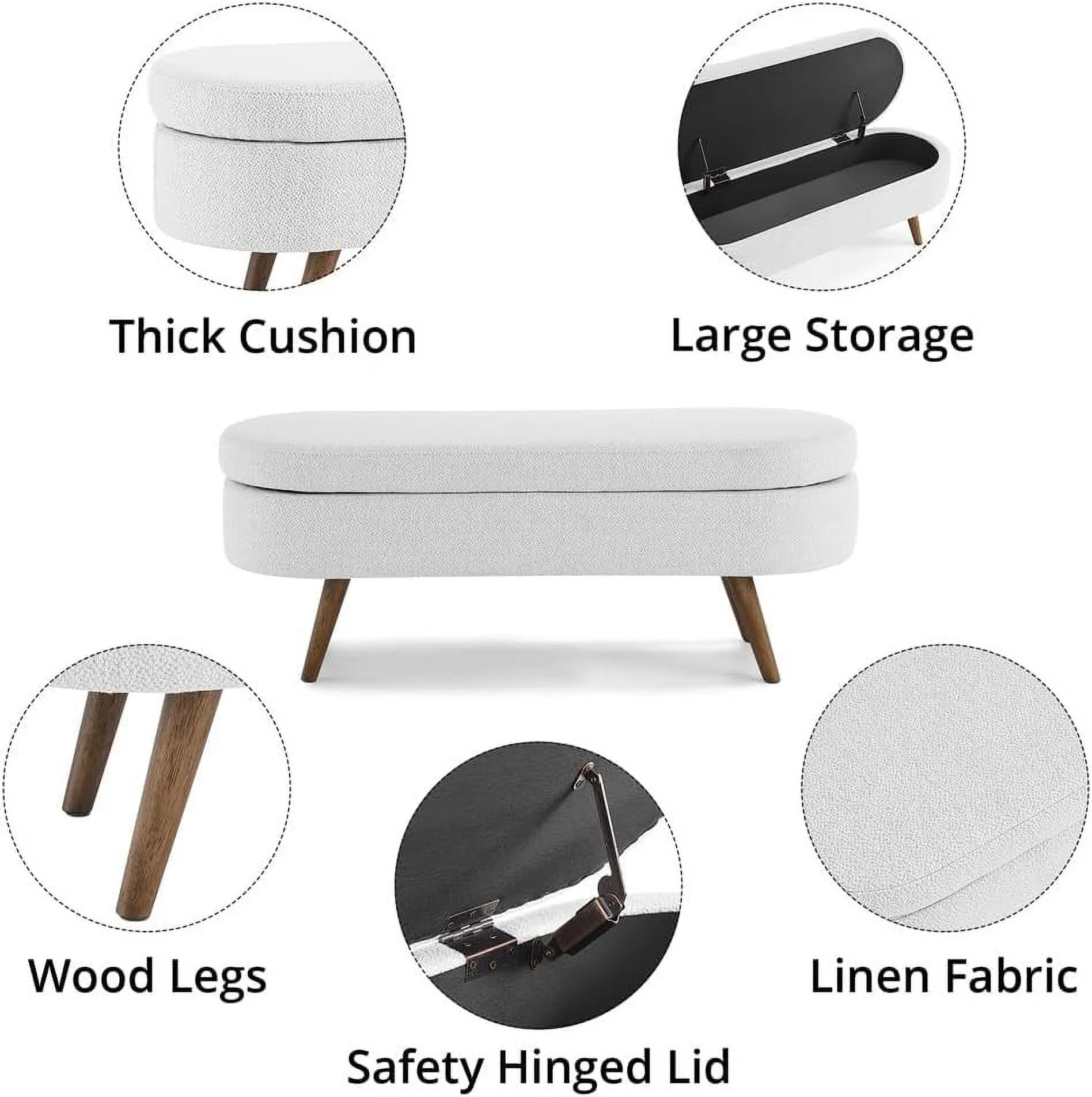 Sumdeal 43.5" Storage Ottoman Bench with 250lb Seating, Linen Upholstered Wood Legs Safety Hinge Flip Top Oval Foot Rest Long Stool for Sofa Couch Bedroom End of Bed Living Room Entryway, White - Image 6