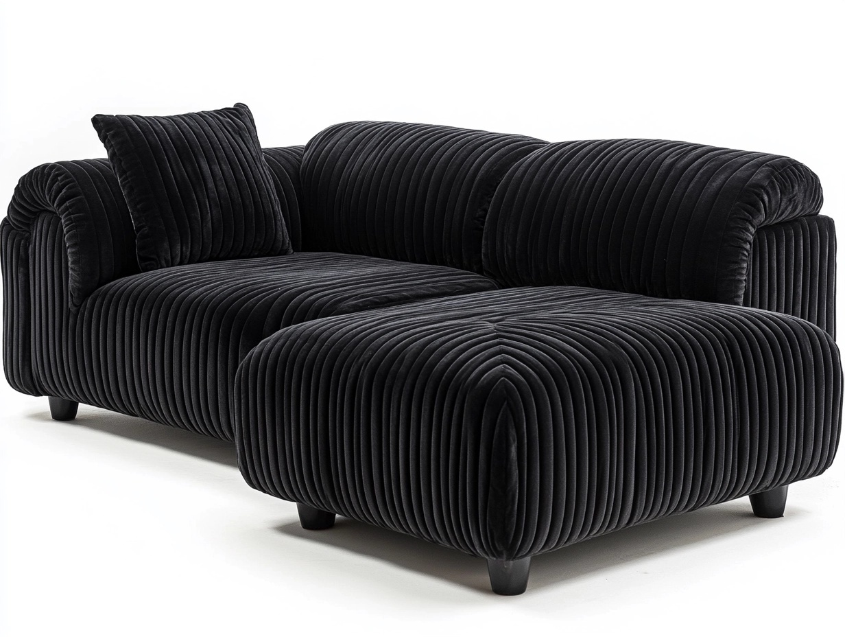 Sofá tipo lounge acanalado negro 1 pieza 250x150x80 cm con chaise longue