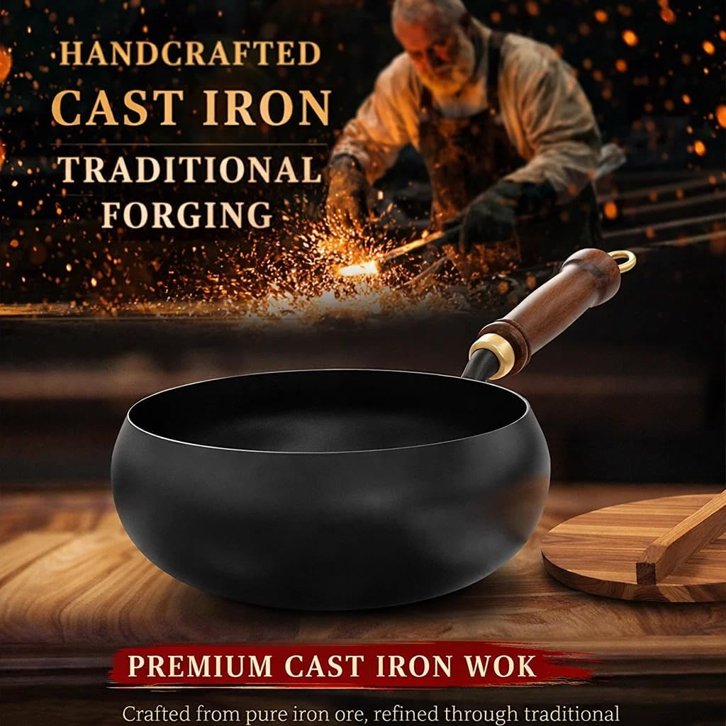 Japanese Cast Iron Wok Pan, Uncoated Thick Cast Iron Wok, Hand Hammered Frying Pot With Wooden Glass Lid (Wooden lid, 7.87in)