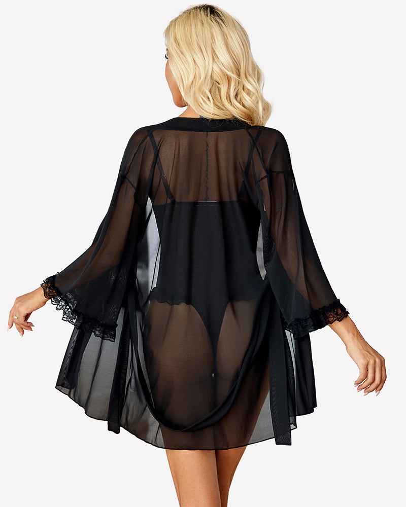 Lace Bodysuit Robe Set 2 Piece Mesh Boudoir Outfits