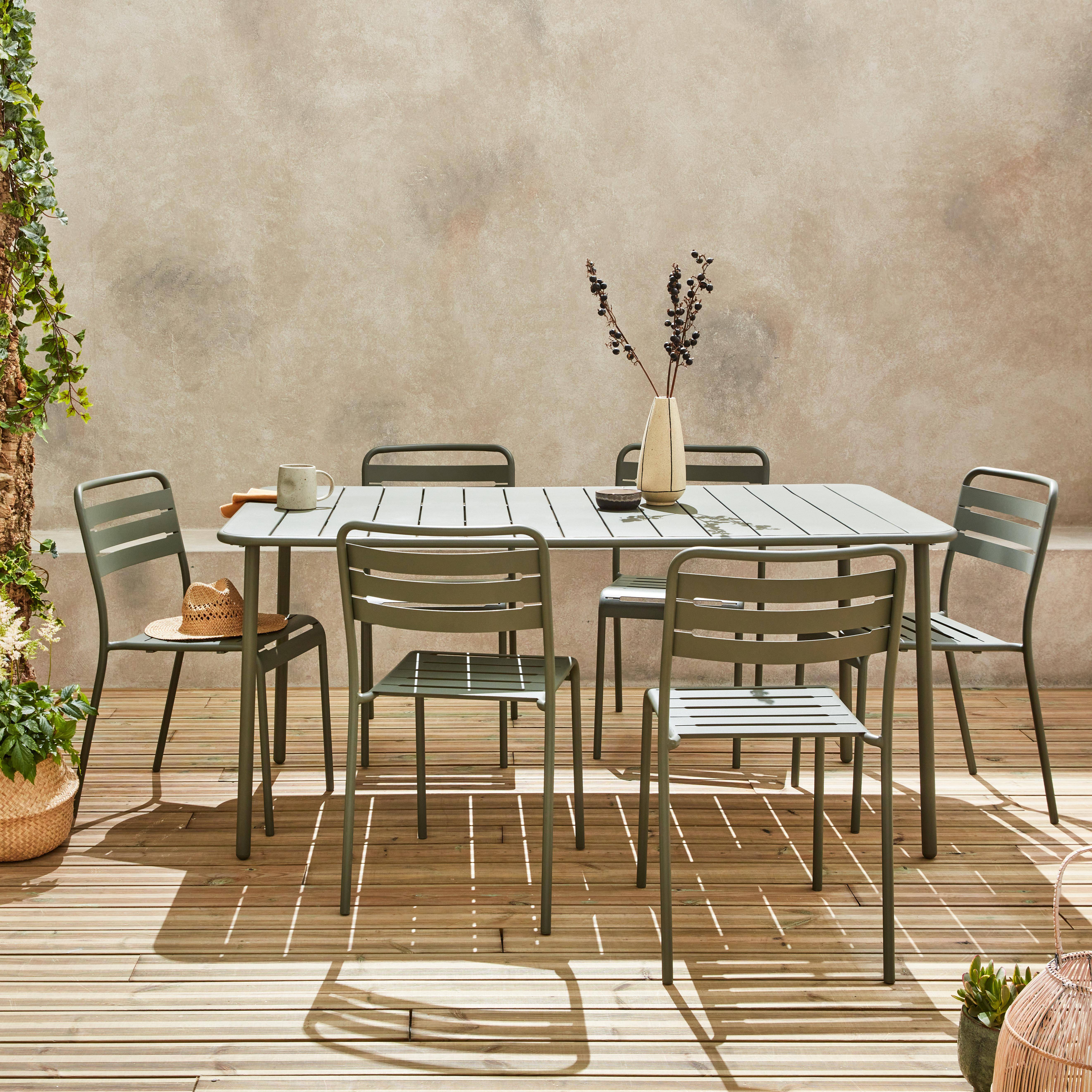 Amelia - Set mesa de jardín bistró de acero con 6 sillas, 160cm
